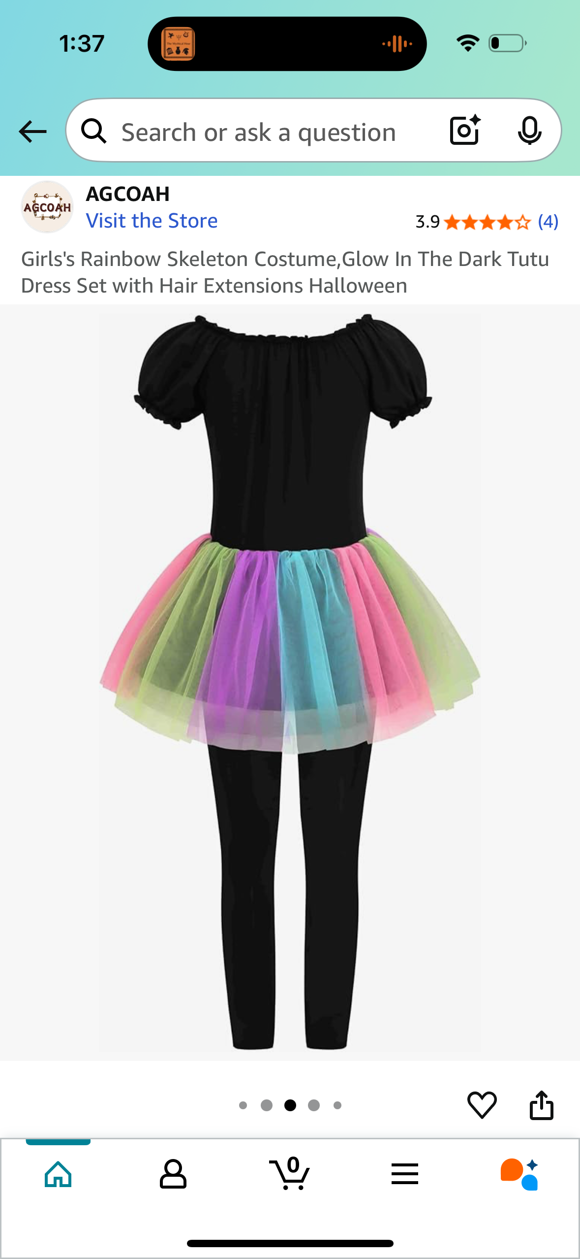 Girls's Rainbow Skeleton Costume, Glow In The Dark Tutu with Hair Extensions (Size X-Large)