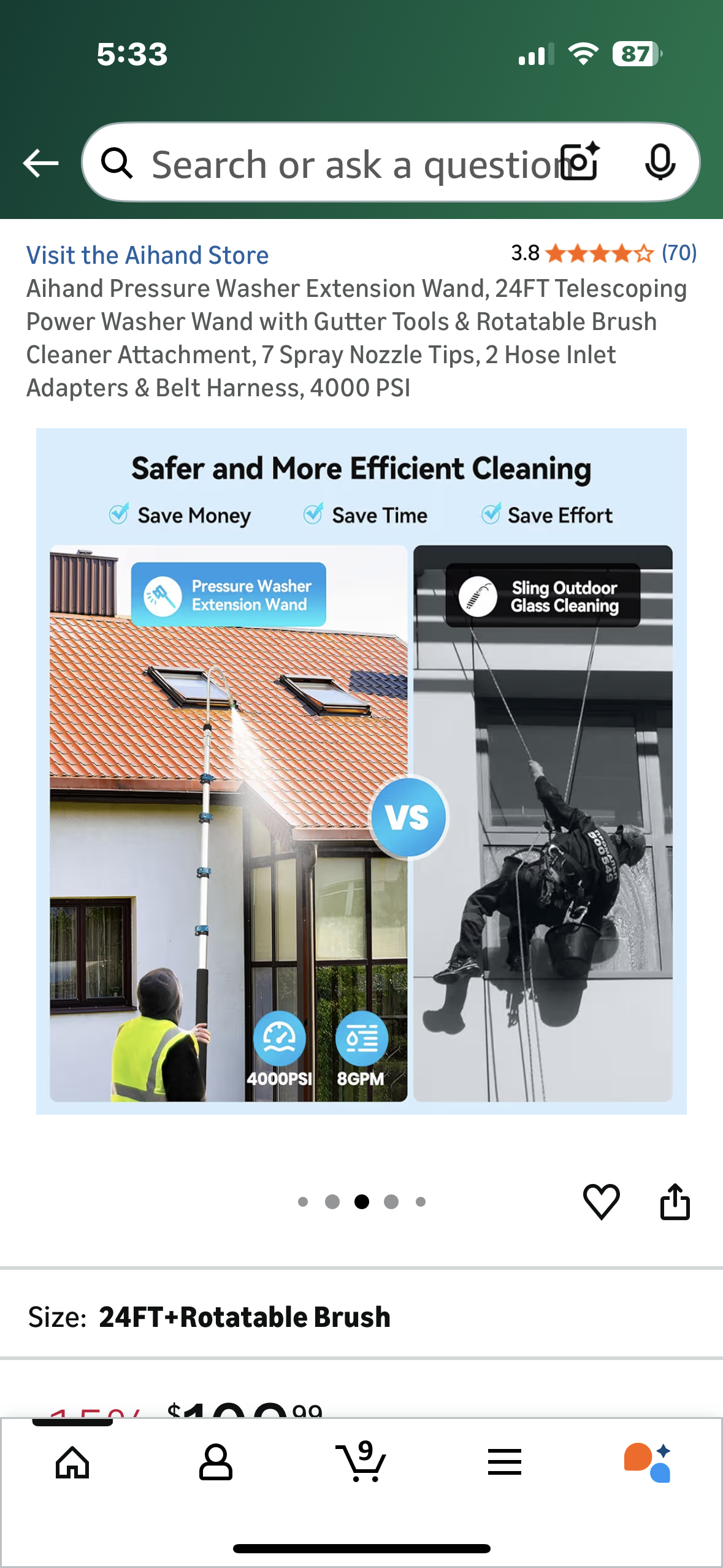 Aihand Pressure Washer Extension Wand, 24FT Telescoping Power Washer Wand with Gutter Tools & Rotatable Brush Cleaner Attachment, 7 Spray Nozzle Tips, 2 Hose Inlet Adapters & Belt Harness, 4000 PSI (G919)