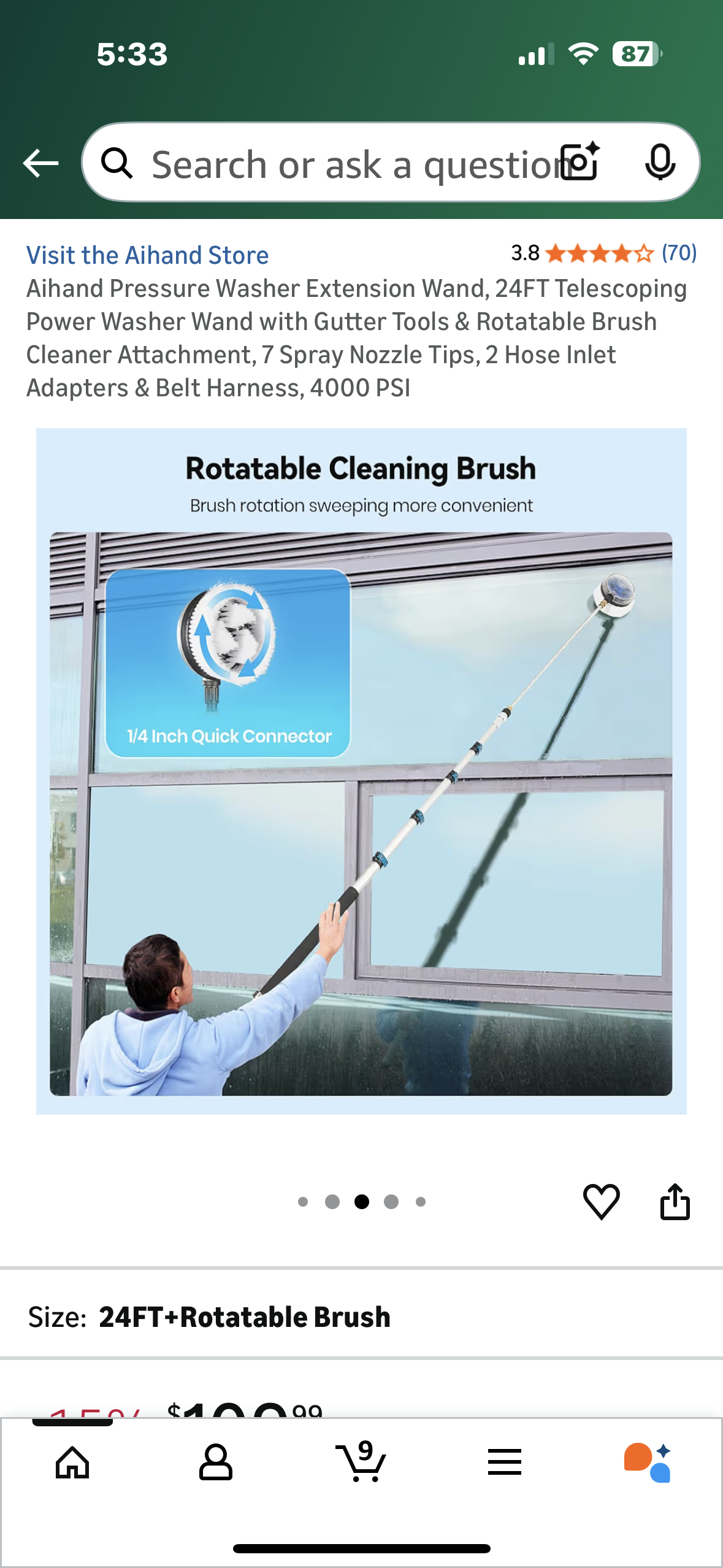 Aihand Pressure Washer Extension Wand, 24FT Telescoping Power Washer Wand with Gutter Tools & Rotatable Brush Cleaner Attachment, 7 Spray Nozzle Tips, 2 Hose Inlet Adapters & Belt Harness, 4000 PSI (G919)