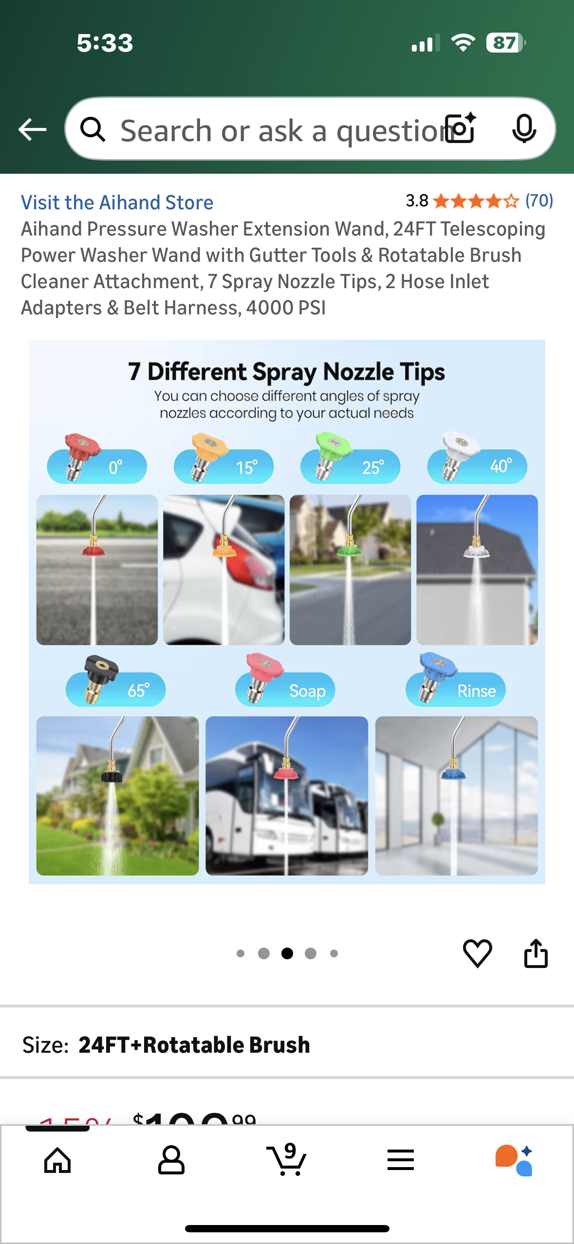 Aihand Pressure Washer Extension Wand, 24FT Telescoping Power Washer Wand with Gutter Tools & Rotatable Brush Cleaner Attachment, 7 Spray Nozzle Tips, 2 Hose Inlet Adapters & Belt Harness, 4000 PSI (G919)