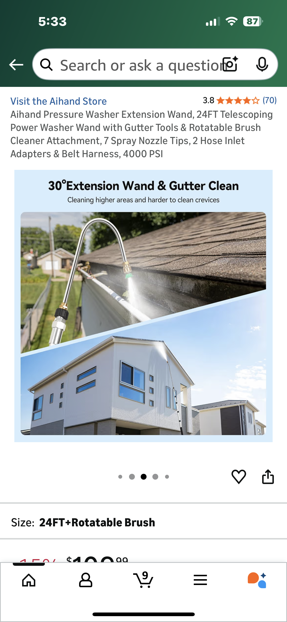 Aihand Pressure Washer Extension Wand, 24FT Telescoping Power Washer Wand with Gutter Tools & Rotatable Brush Cleaner Attachment, 7 Spray Nozzle Tips, 2 Hose Inlet Adapters & Belt Harness, 4000 PSI (G919)