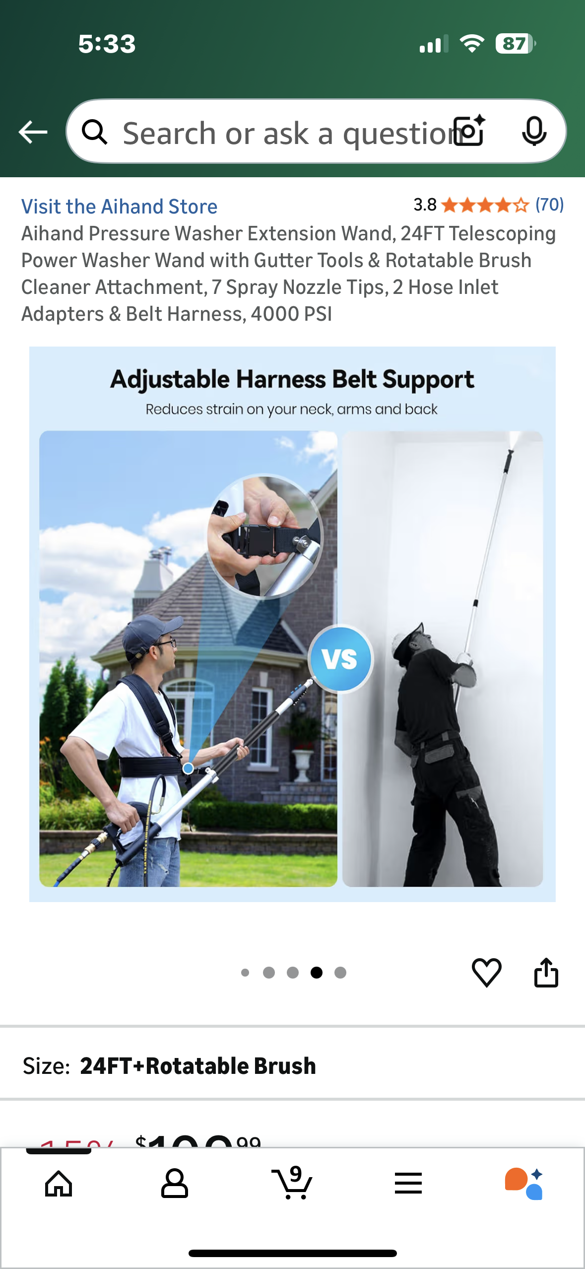 Aihand Pressure Washer Extension Wand, 24FT Telescoping Power Washer Wand with Gutter Tools & Rotatable Brush Cleaner Attachment, 7 Spray Nozzle Tips, 2 Hose Inlet Adapters & Belt Harness, 4000 PSI (G919)