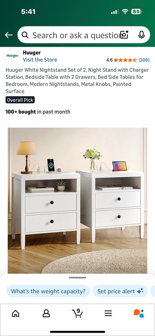 Huuger White Nightstand Set of 2, Night Stand with Charger Station, Bedside Table with 2 Drawers, Modern Nightstands, Metal Knobs, Painted Surface Overall Pick (L1107)