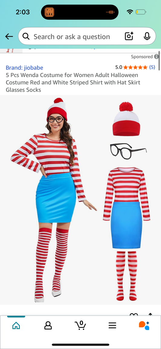 5 Pcs Waldo (Wenda) Costume (Size Small & XX-Large)