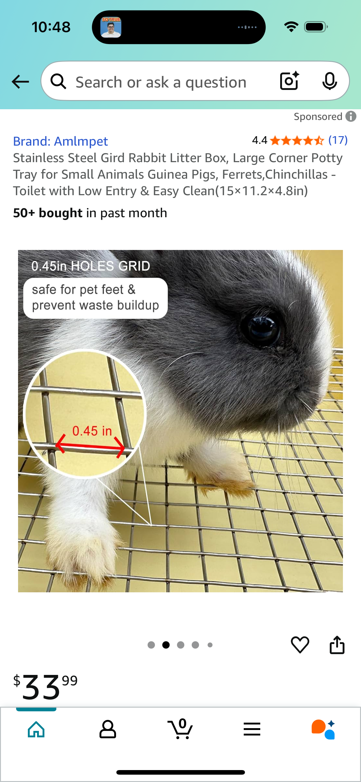 Stainless Steel Gird Rabbit Litter Box, Large Corner Potty Tray for Small Animals Guinea Pigs, Ferrets,Chinchillas - Toilet with Low Entry & Easy Clean(15×11.2×4.8in)