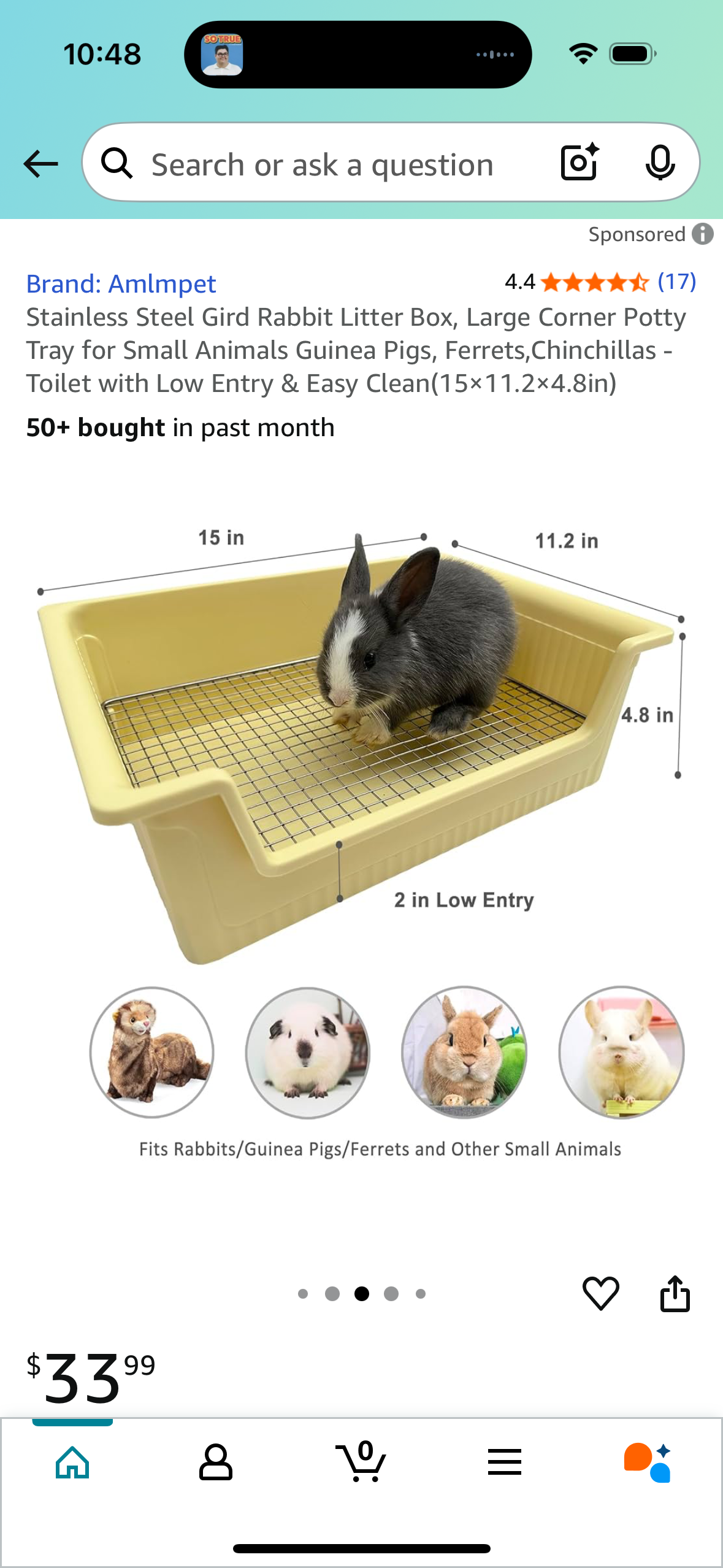 Stainless Steel Gird Rabbit Litter Box, Large Corner Potty Tray for Small Animals Guinea Pigs, Ferrets,Chinchillas - Toilet with Low Entry & Easy Clean(15×11.2×4.8in)