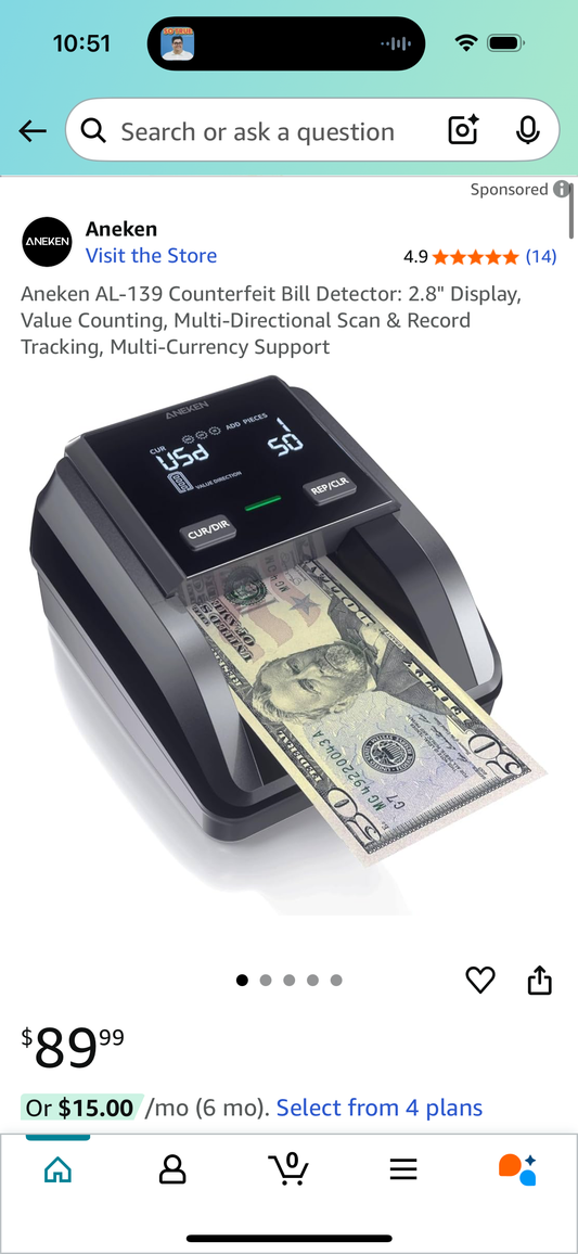 Aneken AL-139 Counterfeit Bill Detector: 2.8" Display, Value Counting, Multi-Directional Scan & Record Tracking, Multi-Currency Support