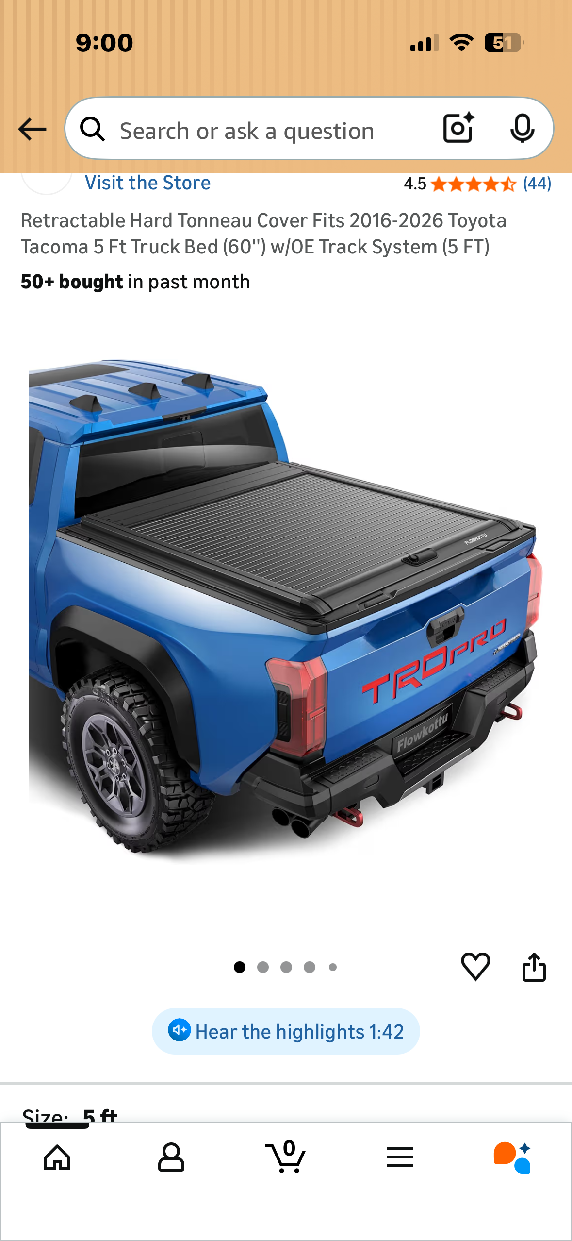 Retractable Hard Tonneau Cover Fits 2015-2023 Toyota Tacoma 5 Ft Truck Bed (60'') w/OE Track System (5 FT) (G1043)