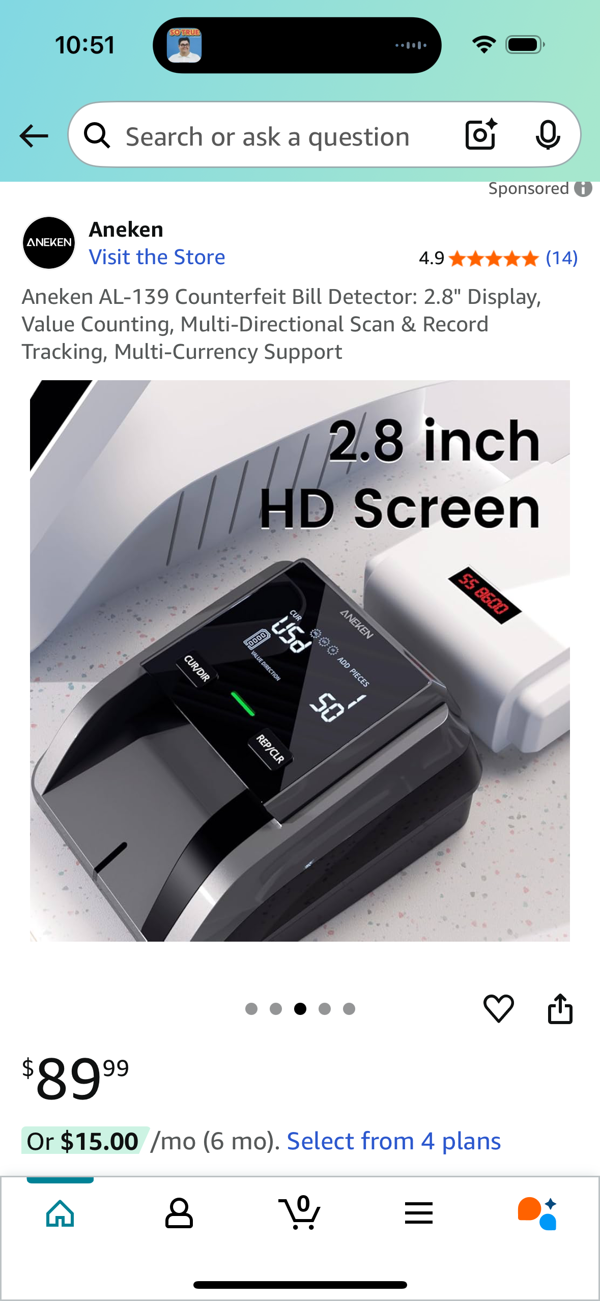 Aneken AL-139 Counterfeit Bill Detector: 2.8" Display, Value Counting, Multi-Directional Scan & Record Tracking, Multi-Currency Support
