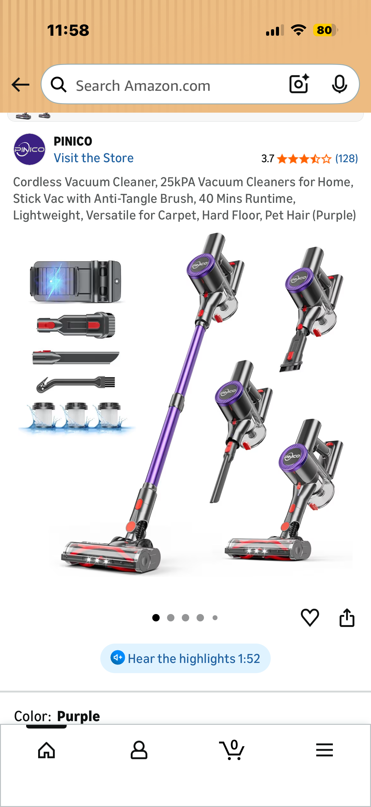 Cordless Vacuum Cleaner, 25kPA Vacuum Cleaners for Home, Stick Vac with Anti-Tangle Brush, 40 Mins Runtime, Lightweight, Versatile for Carpet, Hard Floor, Pet Hair (Purple