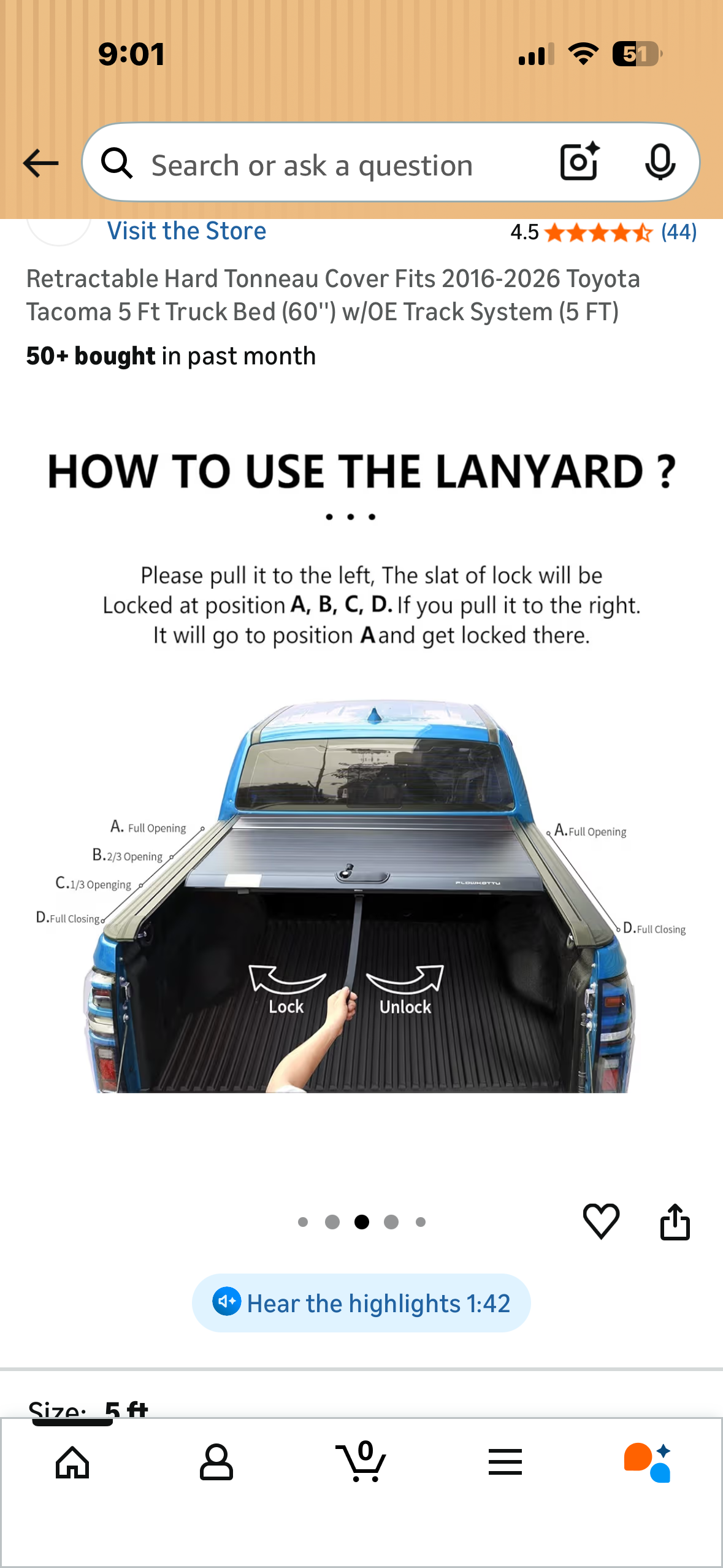 Retractable Hard Tonneau Cover Fits 2015-2023 Toyota Tacoma 5 Ft Truck Bed (60'') w/OE Track System (5 FT) (G1043)