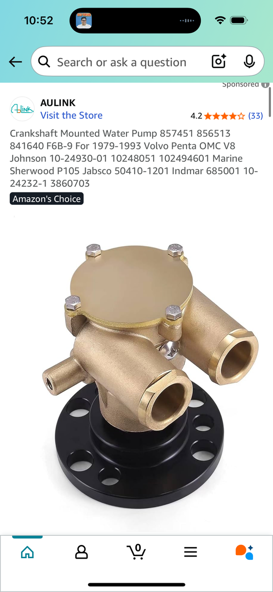 Crankshaft Mounted Water Pump 857451 856513 841640 F6B-9 For 1979-1993 Volvo Penta OMC V8 Johnson 10-24930-01 10248051 102494601 Marine Sherwood P105 Jabsco 50410-1201 Indmar 685001 10-24232-1 3860703