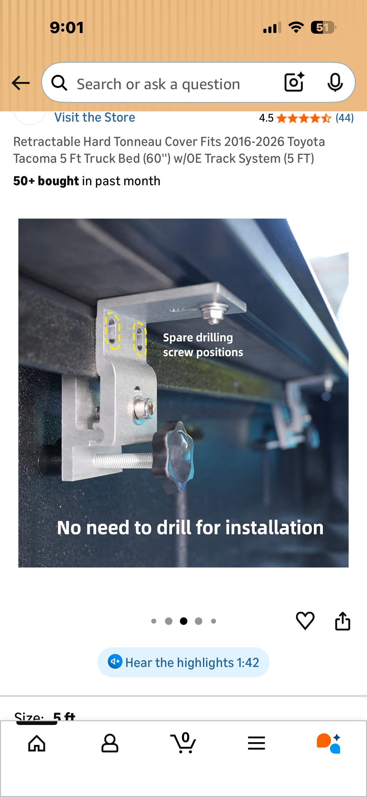 Retractable Hard Tonneau Cover Fits 2015-2023 Toyota Tacoma 5 Ft Truck Bed (60'') w/OE Track System (5 FT) (G1043)