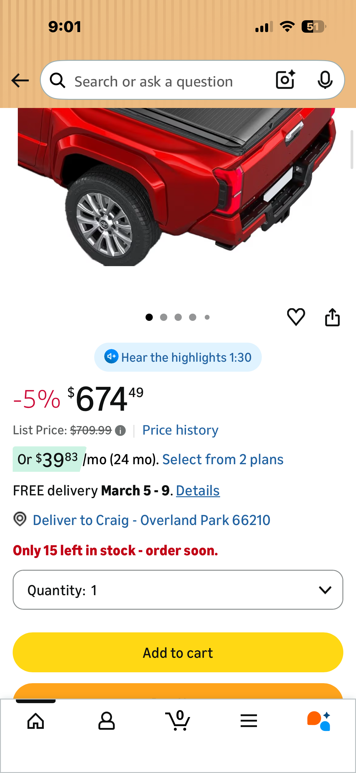 Retractable Hard Tonneau Cover Fits 2015-2023 Toyota Tacoma 5 Ft Truck Bed (60'') w/OE Track System (5 FT) (G1043)