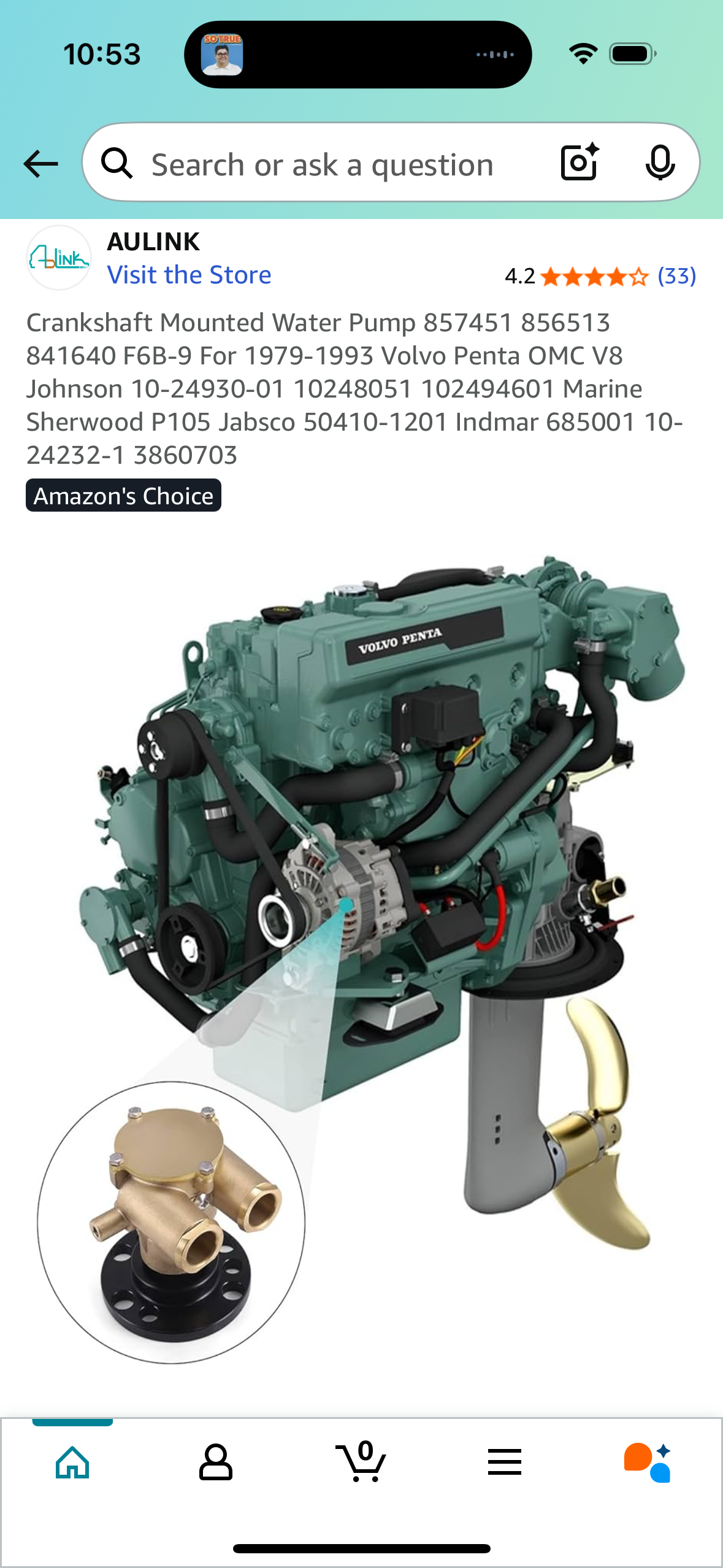 Crankshaft Mounted Water Pump 857451 856513 841640 F6B-9 For 1979-1993 Volvo Penta OMC V8 Johnson 10-24930-01 10248051 102494601 Marine Sherwood P105 Jabsco 50410-1201 Indmar 685001 10-24232-1 3860703