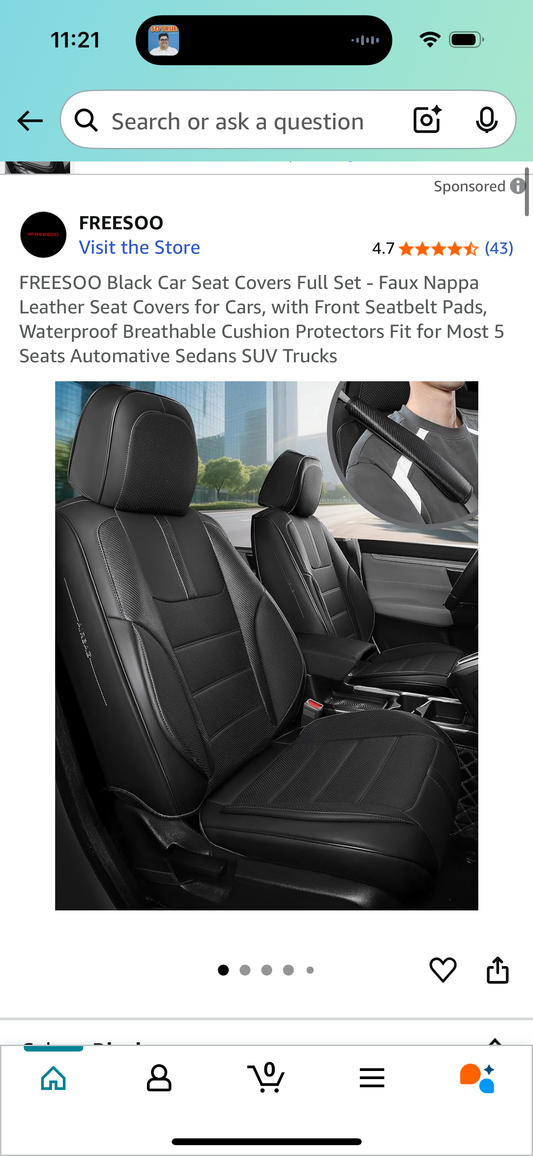 FREESOO Black Car Seat Covers Full Set - Faux Nappa Leather Seat Covers for Cars, with Front Seatbelt Pads, Waterproof Breathable Cushion Protectors Fit for Most 5 Seats Automative Sedans SUV Trucks