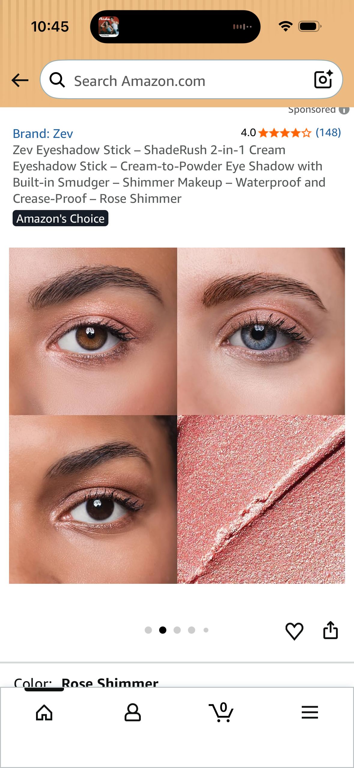 Zev Eyeshadow Stick – ShadeRush 2-in-1 Cream Eyeshadow Stick – Cream-to-Powder Eye Shadow with Built-in Smudger – Shimmer Makeup – Waterproof and Crease-Proof – Rose Shimmer