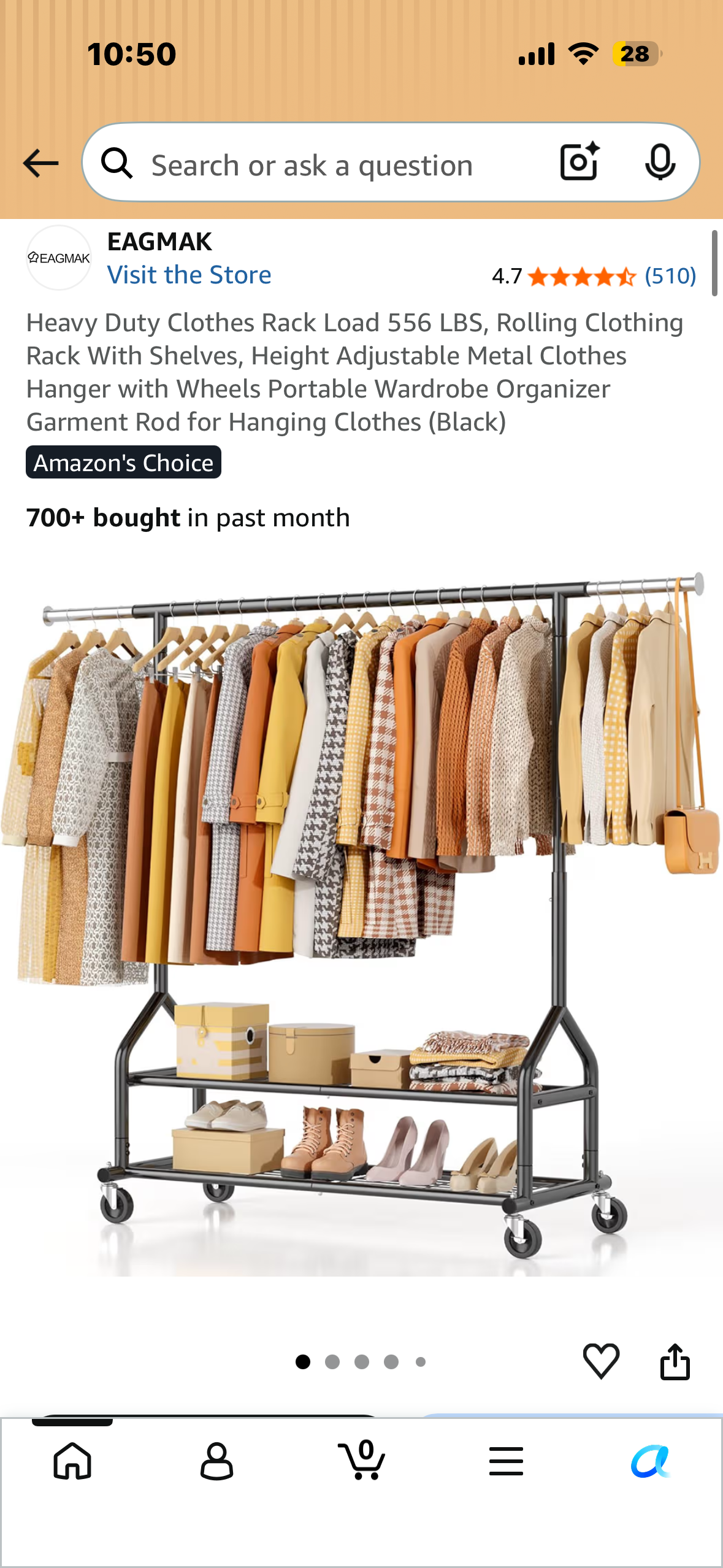Heavy Duty Rolling Clothing Rack With Shelves, Height Adjustable Portable Wardrobe Organizer (Black)