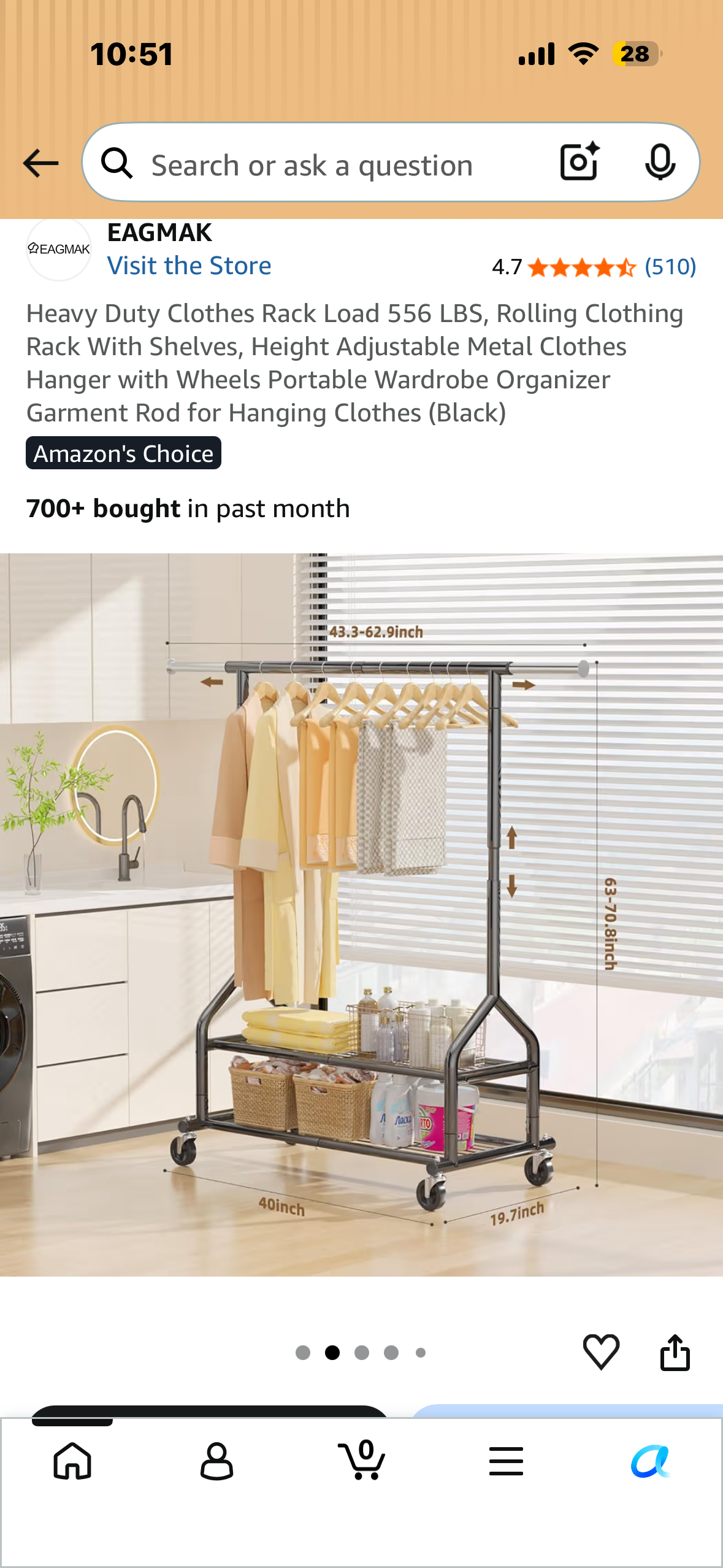Heavy Duty Rolling Clothing Rack With Shelves, Height Adjustable Portable Wardrobe Organizer (Black)