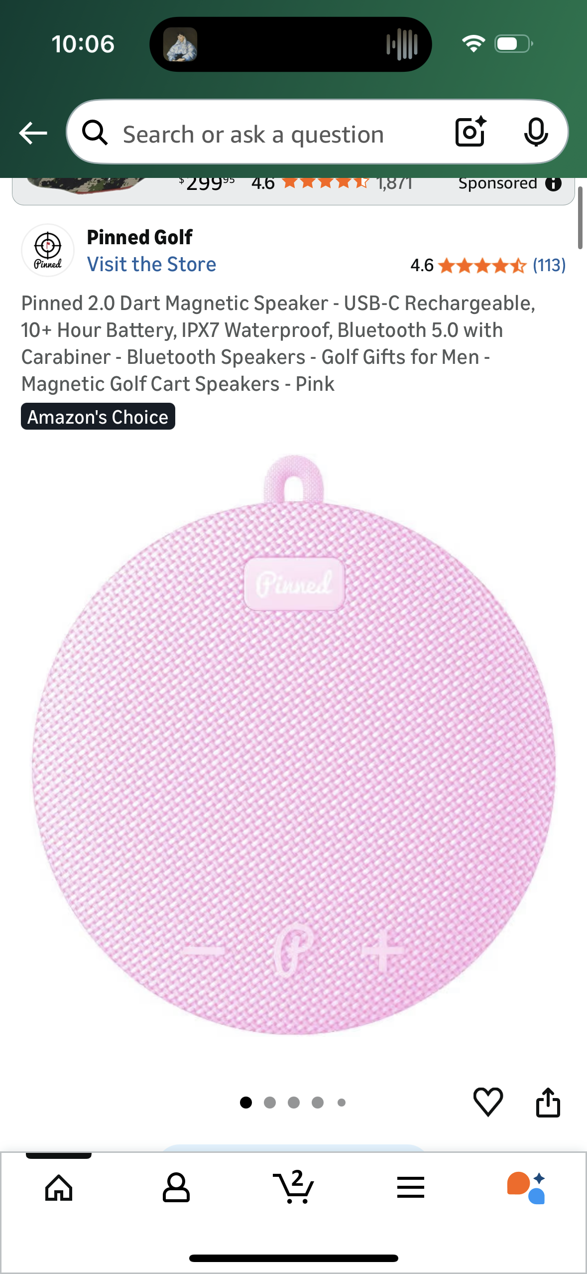 Pinned 2.0 Dart Magnetic Speaker - USB-C Rechargeable, 10+ Hour Battery, IPX7 Waterproof, Bluetooth 5.0 with Carabiner - Bluetooth Speakers - Golf Gifts for Men - Magnetic Golf Cart Speakers - Pink