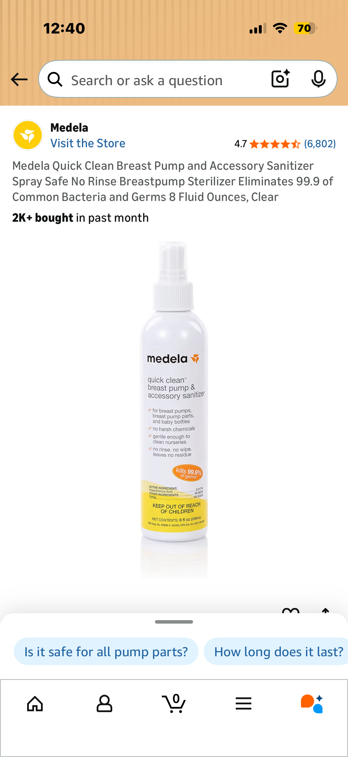 Medela Quick Clean Breast Pump and Accessory Sanitizer Spray Safe No Rinse Breastpump Sterilizer Eliminates 99.9 of Common Bacteria and Germs 8 Fluid Ounces, Clear
