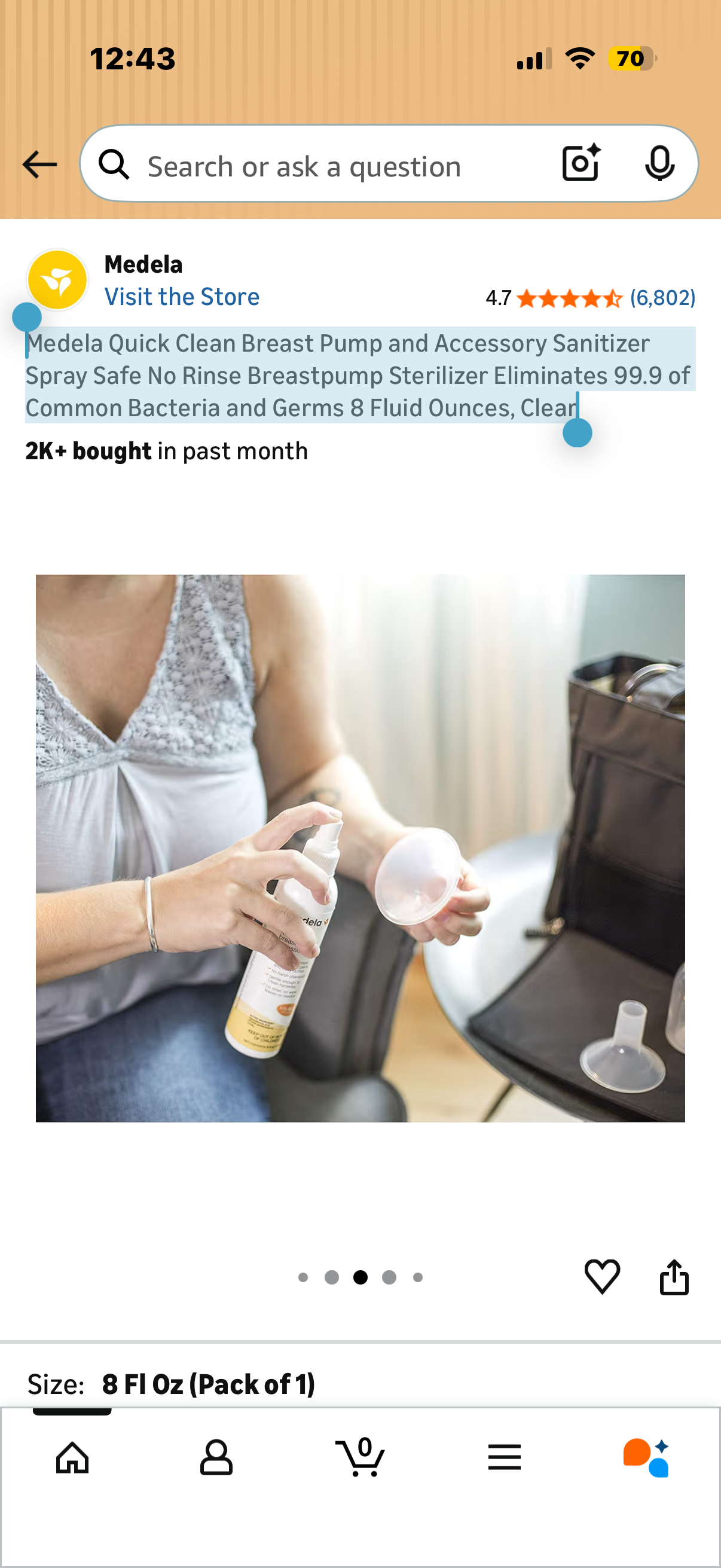 Medela Quick Clean Breast Pump and Accessory Sanitizer Spray Safe No Rinse Breastpump Sterilizer Eliminates 99.9 of Common Bacteria and Germs 8 Fluid Ounces, Clear