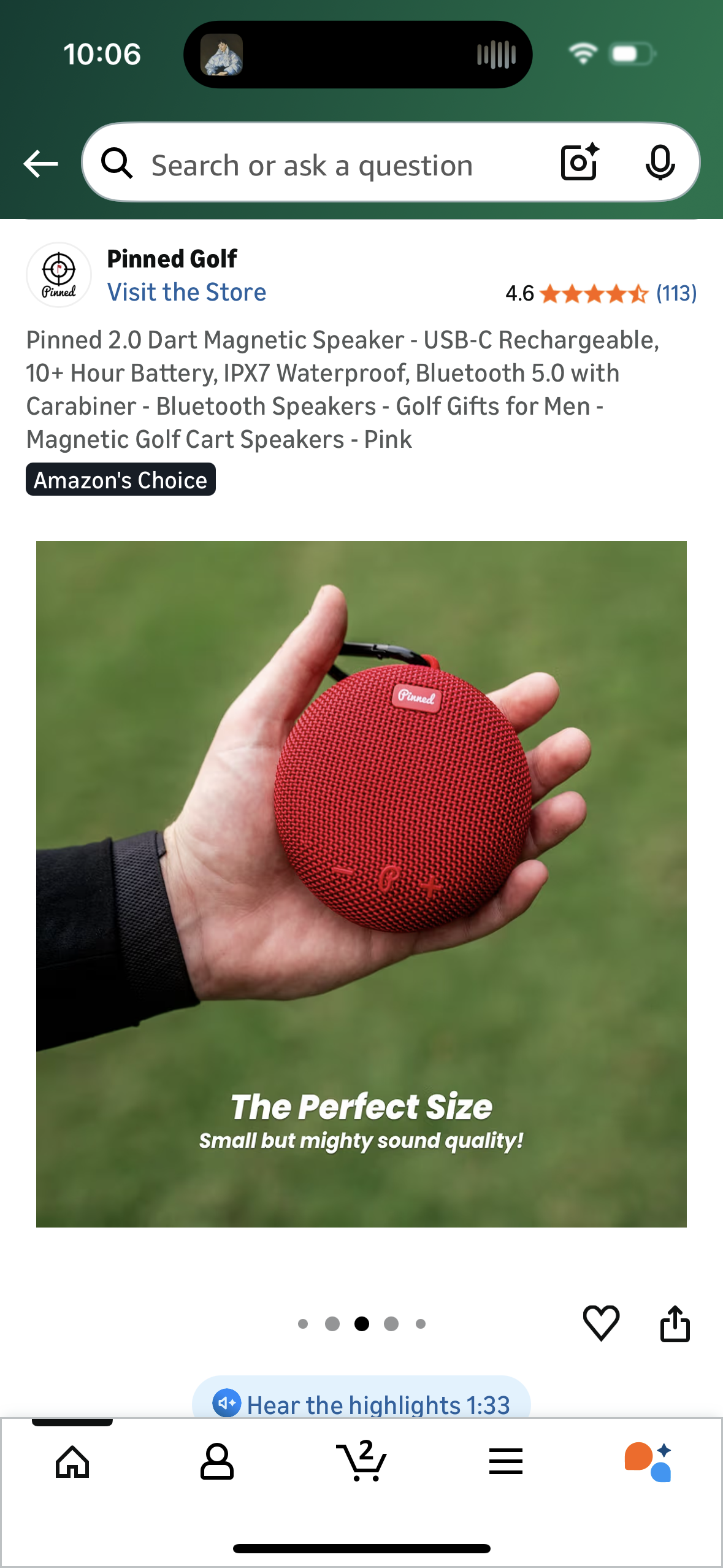 Pinned 2.0 Dart Magnetic Speaker - USB-C Rechargeable, 10+ Hour Battery, IPX7 Waterproof, Bluetooth 5.0 with Carabiner - Bluetooth Speakers - Golf Gifts for Men - Magnetic Golf Cart Speakers - Pink