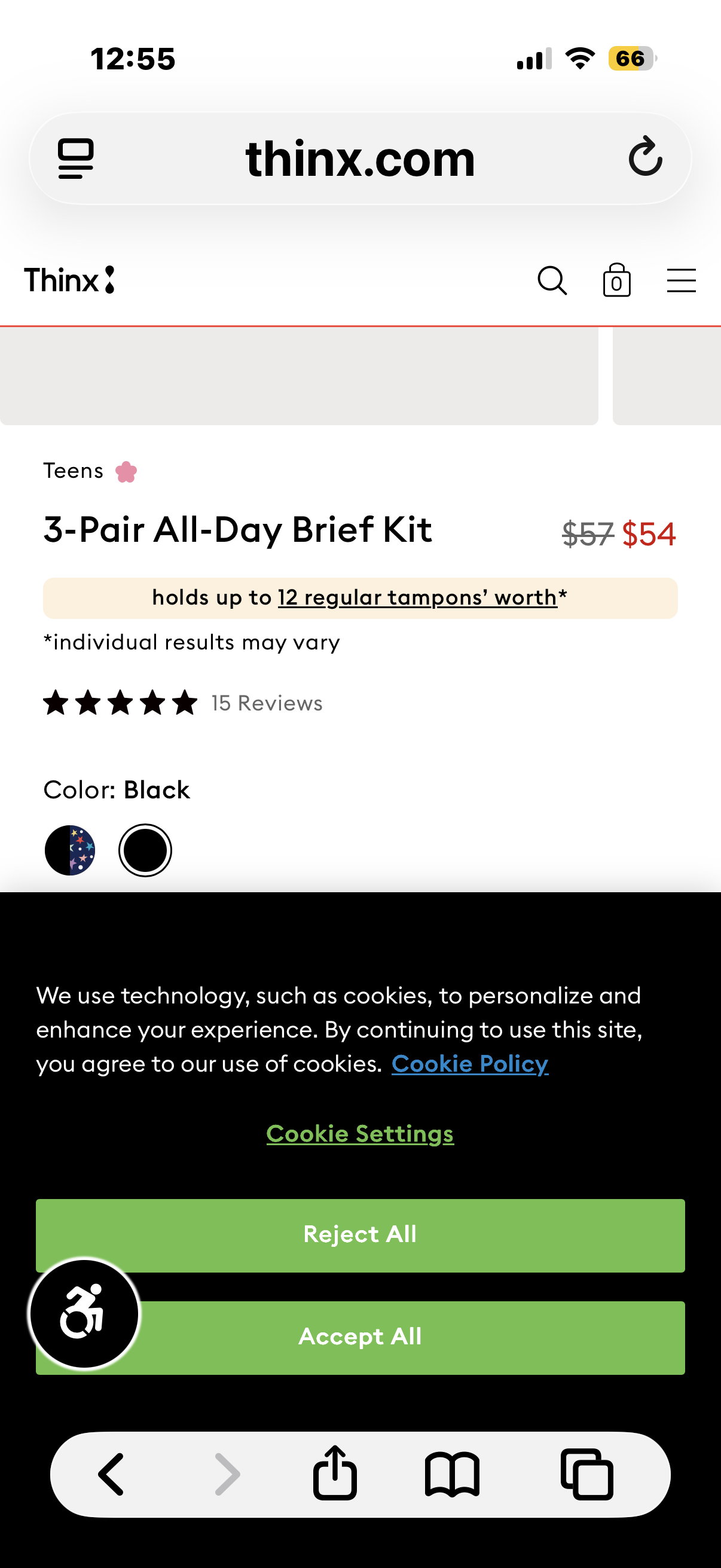 Thinx for All Period Underwear, Everyday Comfort Brief, Holds Up to 12 Regular Tampons*, Period Panties, Leakproof, Reusable & Controls Odor, Black, 3 Pack, (Age 10-12 Medium)
