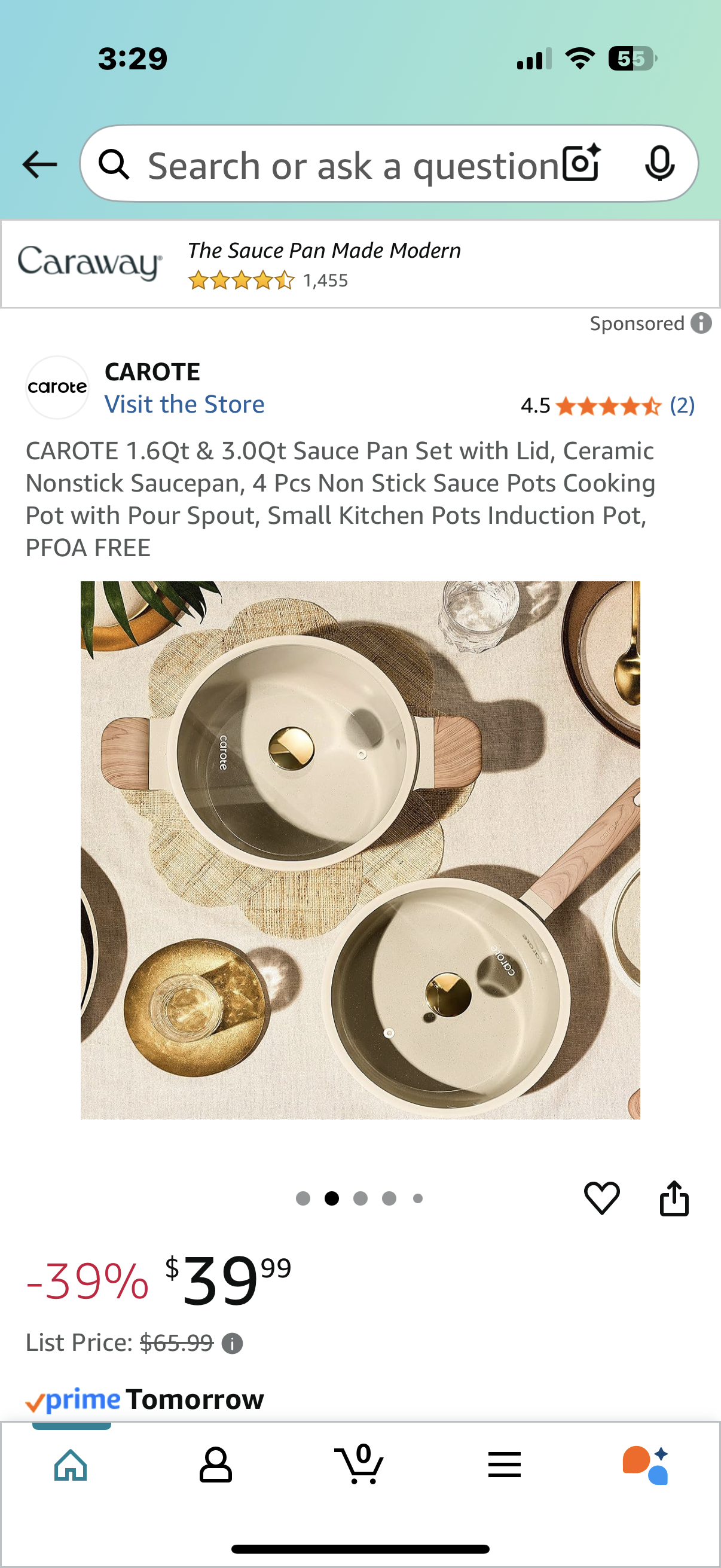 CAROTE 1.6Qt & 3.0Qt Sauce Pan Set with Lid, Ceramic Nonstick Saucepan, 4 Pcs Non Stick Sauce Pots Cooking Pot with Pour
