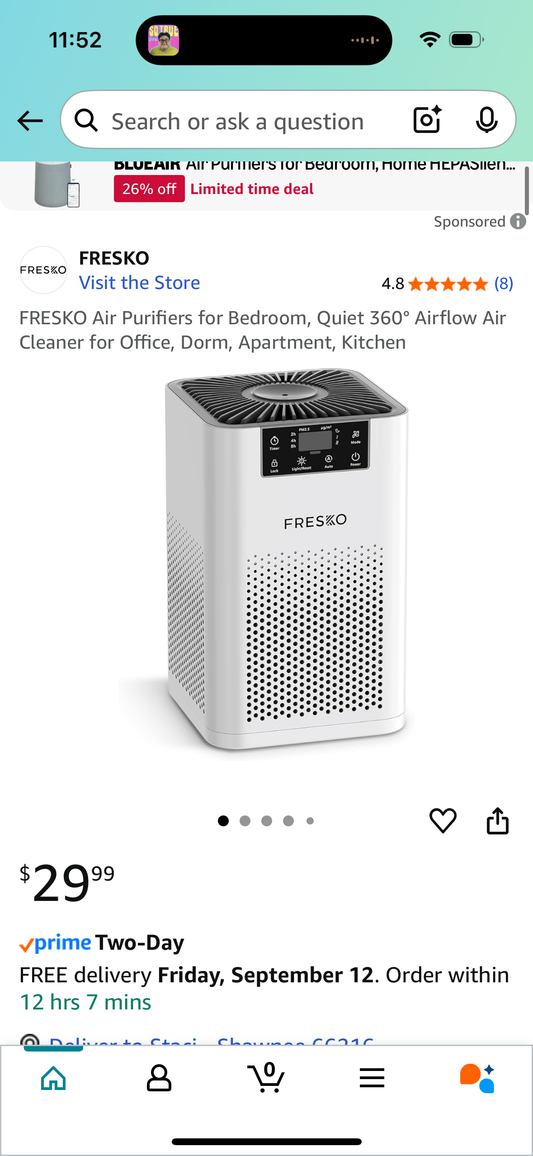 FRESKO Air Purifiers for Bedroom, Quiet 360° Airflow Air Cleaner for Office, Dorm, Apartment, Kitchen
