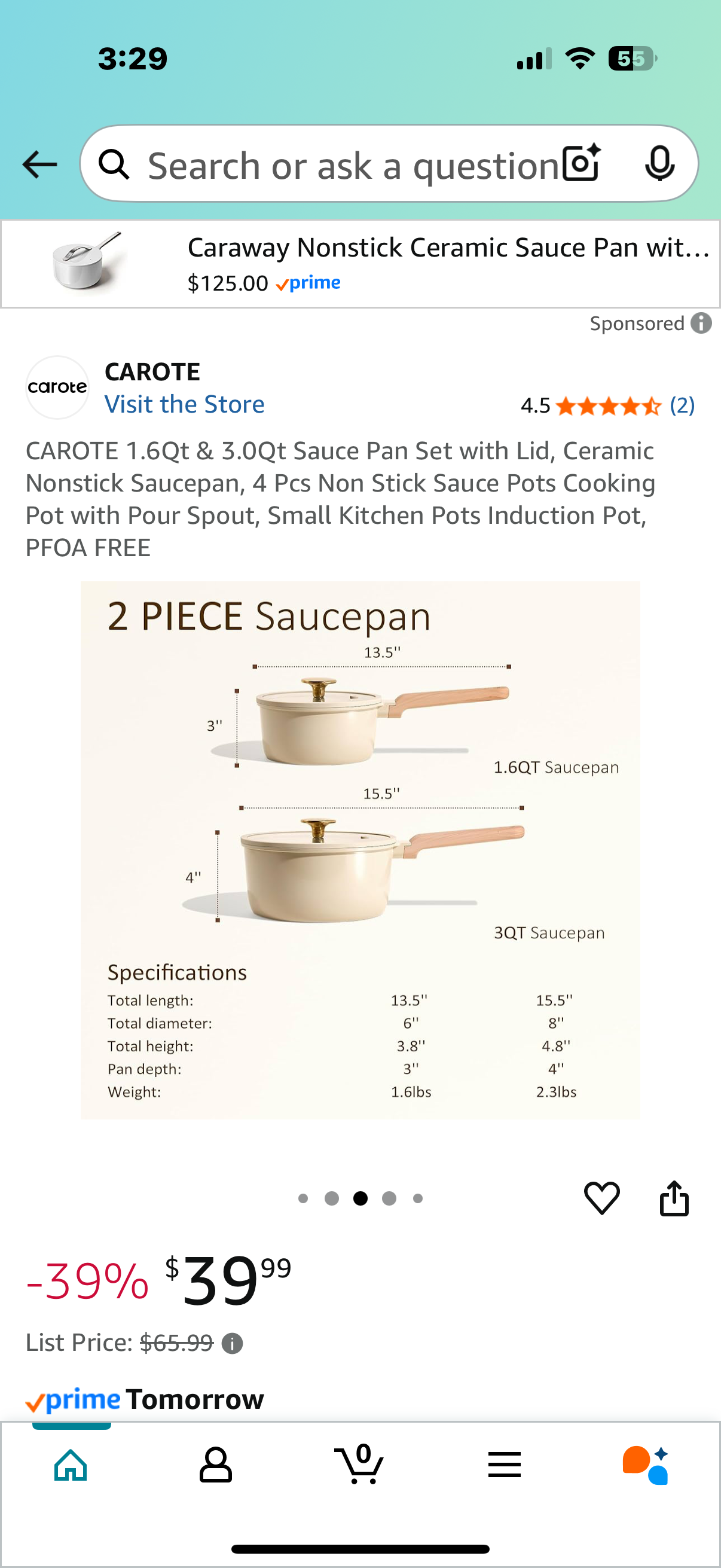 CAROTE 1.6Qt & 3.0Qt Sauce Pan Set with Lid, Ceramic Nonstick Saucepan, 4 Pcs Non Stick Sauce Pots Cooking Pot with Pour