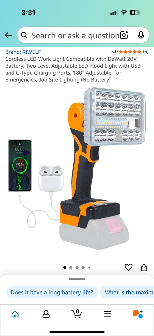Cordless LED Work Light Compatible with DeWalt 20V Battery, Two Level Adjustable LED Flood Light with USB and C-Type Charging Ports, 180° Adjustable, for Emergencies, Job Site Lighting (No Battery
