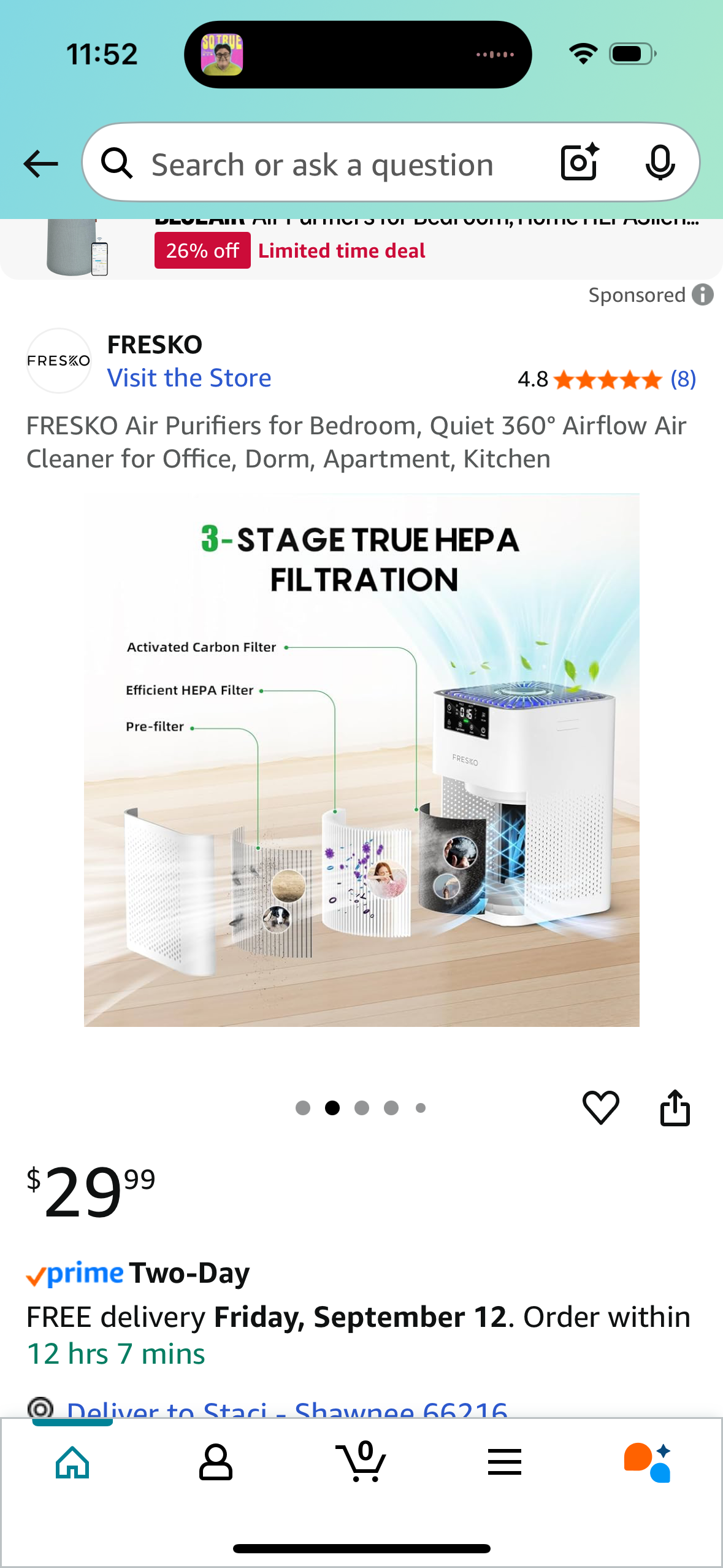 FRESKO Air Purifiers for Bedroom, Quiet 360° Airflow Air Cleaner for Office, Dorm, Apartment, Kitchen