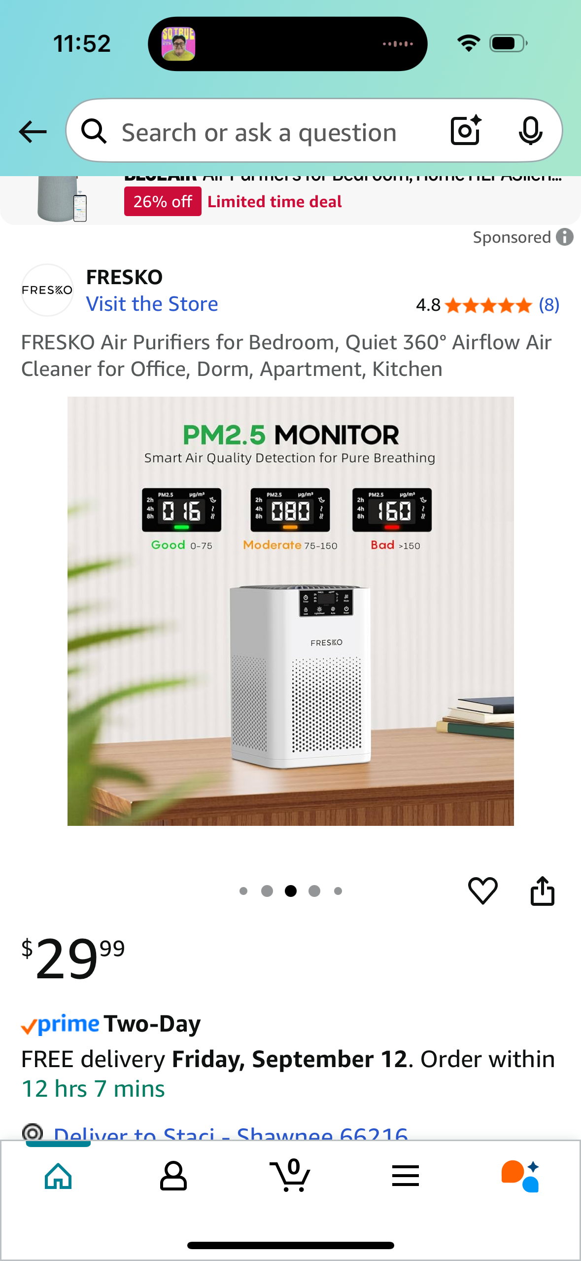 FRESKO Air Purifiers for Bedroom, Quiet 360° Airflow Air Cleaner for Office, Dorm, Apartment, Kitchen