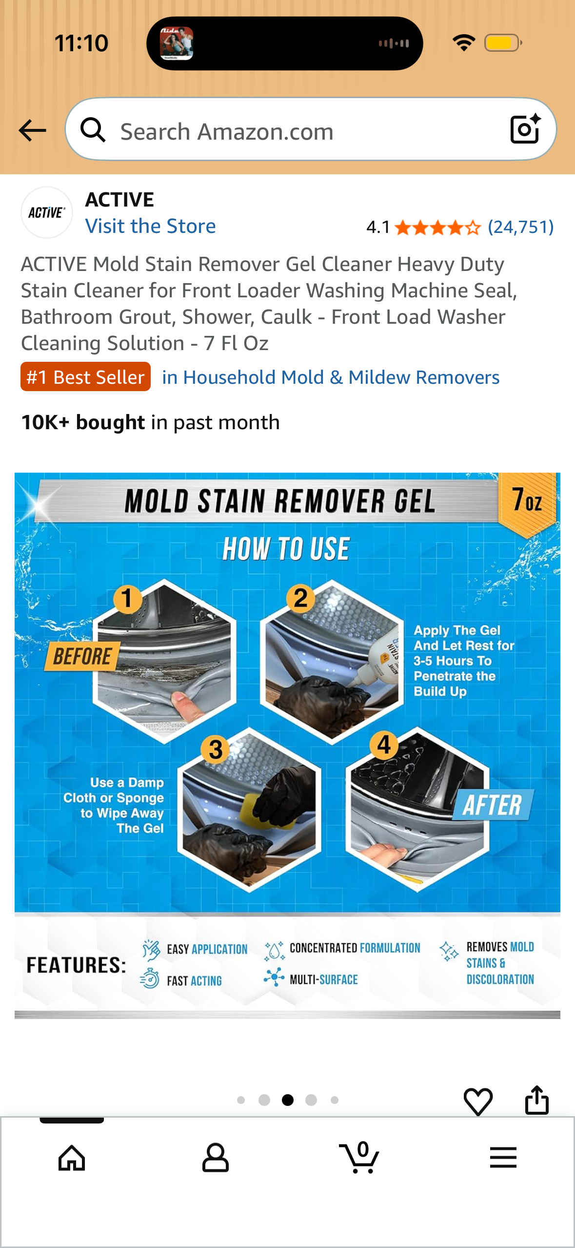 ACTIVE Mold Stain Remover Gel Cleaner Heavy Duty Stain Cleaner for Front Loader Washing Machine Seal, Bathroom Grout, Shower, Caulk - Front Load Washer Cleaning Solution - 7 Fl Oz