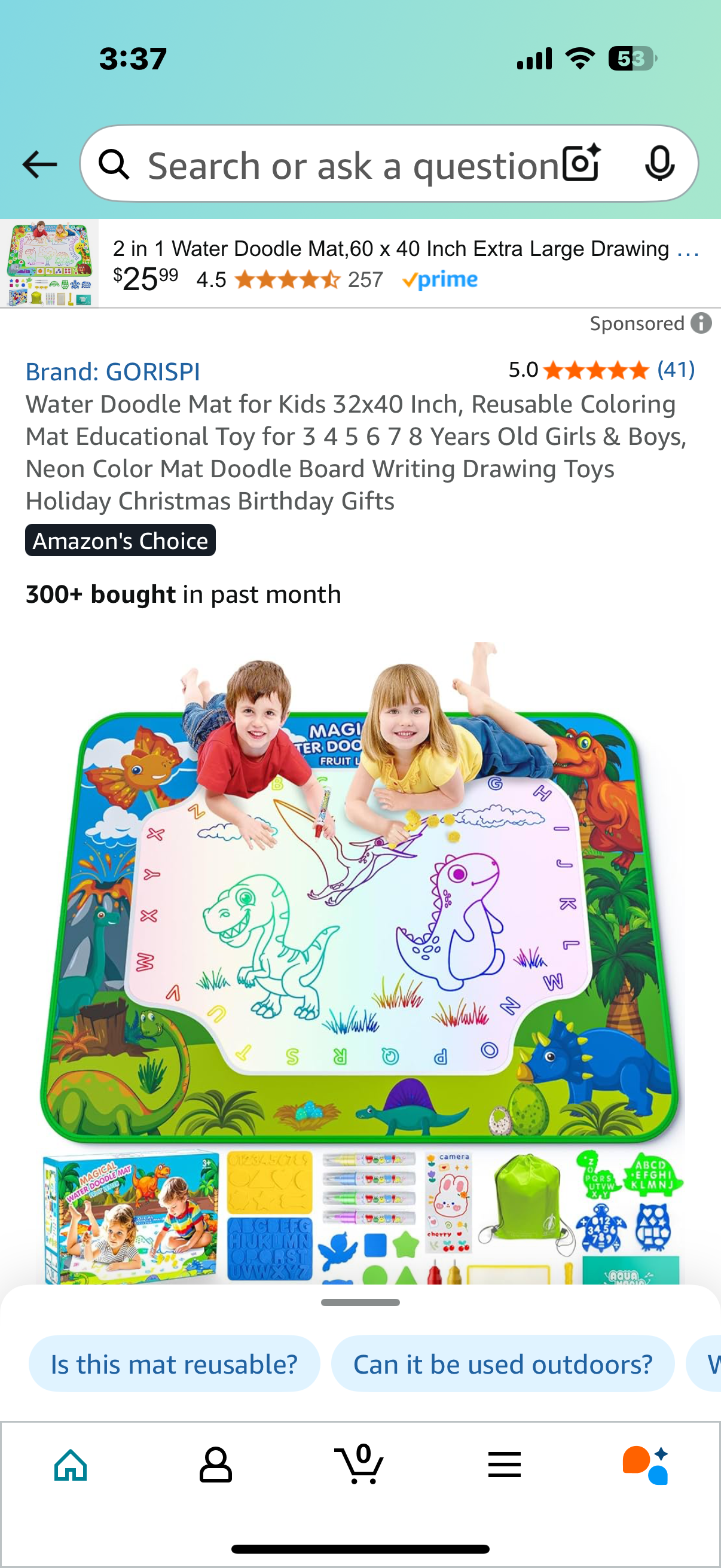 Water Doodle Mat for Kids 32x40 Inch, Reusable Coloring Mat Educational Toy for 3 4 5 6 7 8 Years Old Girls & Boys, Neon Color Mat Doodle Board Writing Drawing Toys Holiday Christmas Birthday Gifts