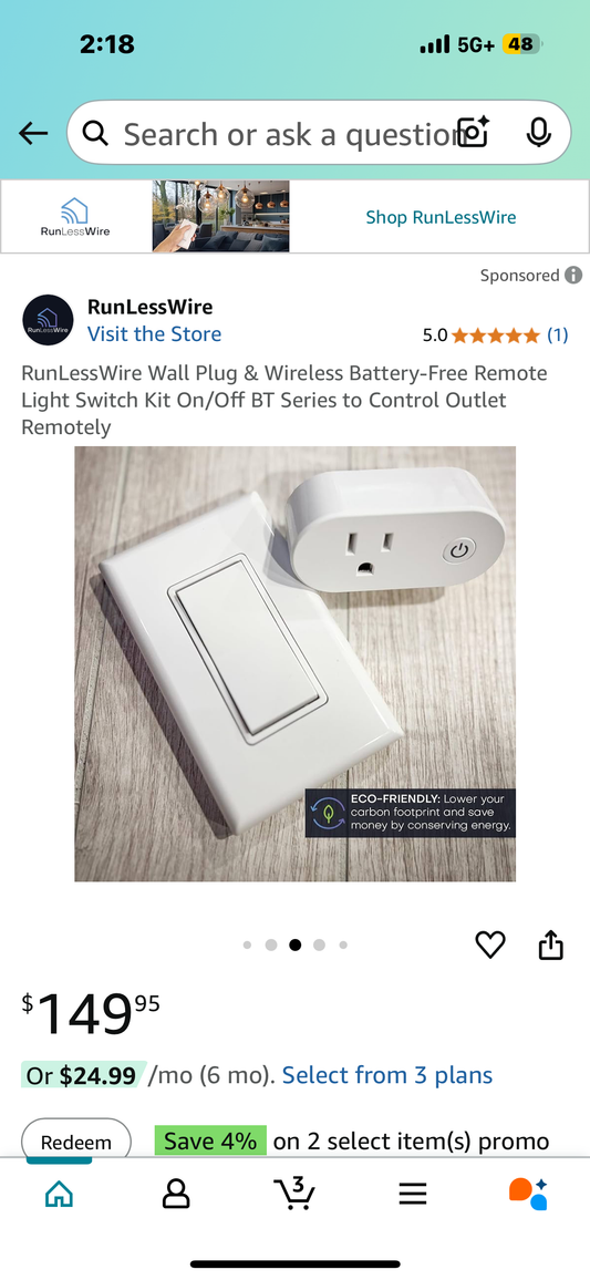RunLessWire Wall Plug & Wireless Battery-Free Remote Light Switch Kit On/Off BT Series to Control Outlet Remotely