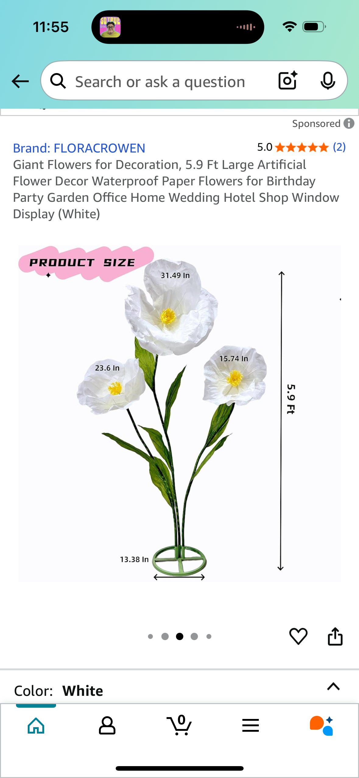 Giant Flowers for Decoration, 5.9 Ft Large Artificial Flower Decor Waterproof Paper Flowers for Birthday Party Garden Office Home Wedding Hotel Shop Window Display (White)