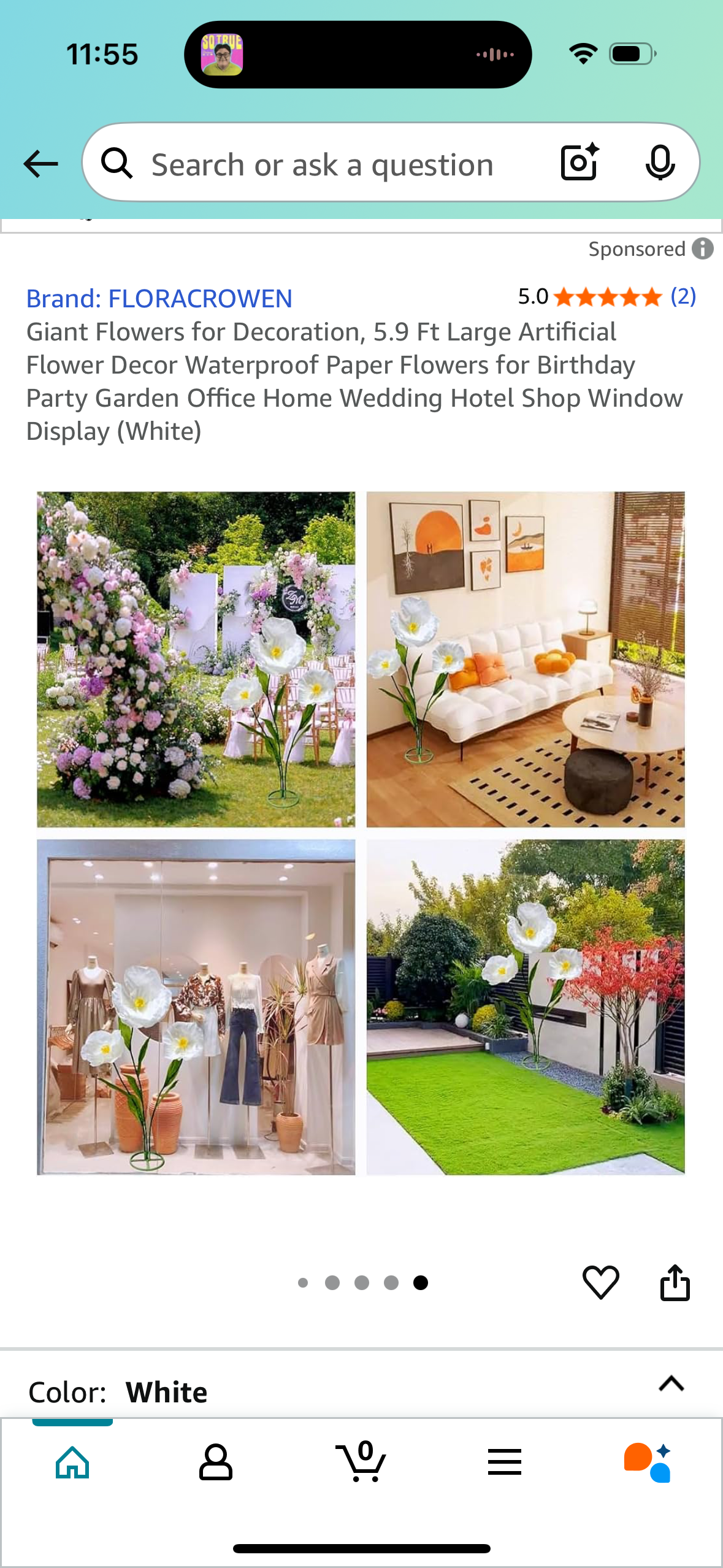 Giant Flowers for Decoration, 5.9 Ft Large Artificial Flower Decor Waterproof Paper Flowers for Birthday Party Garden Office Home Wedding Hotel Shop Window Display (White)