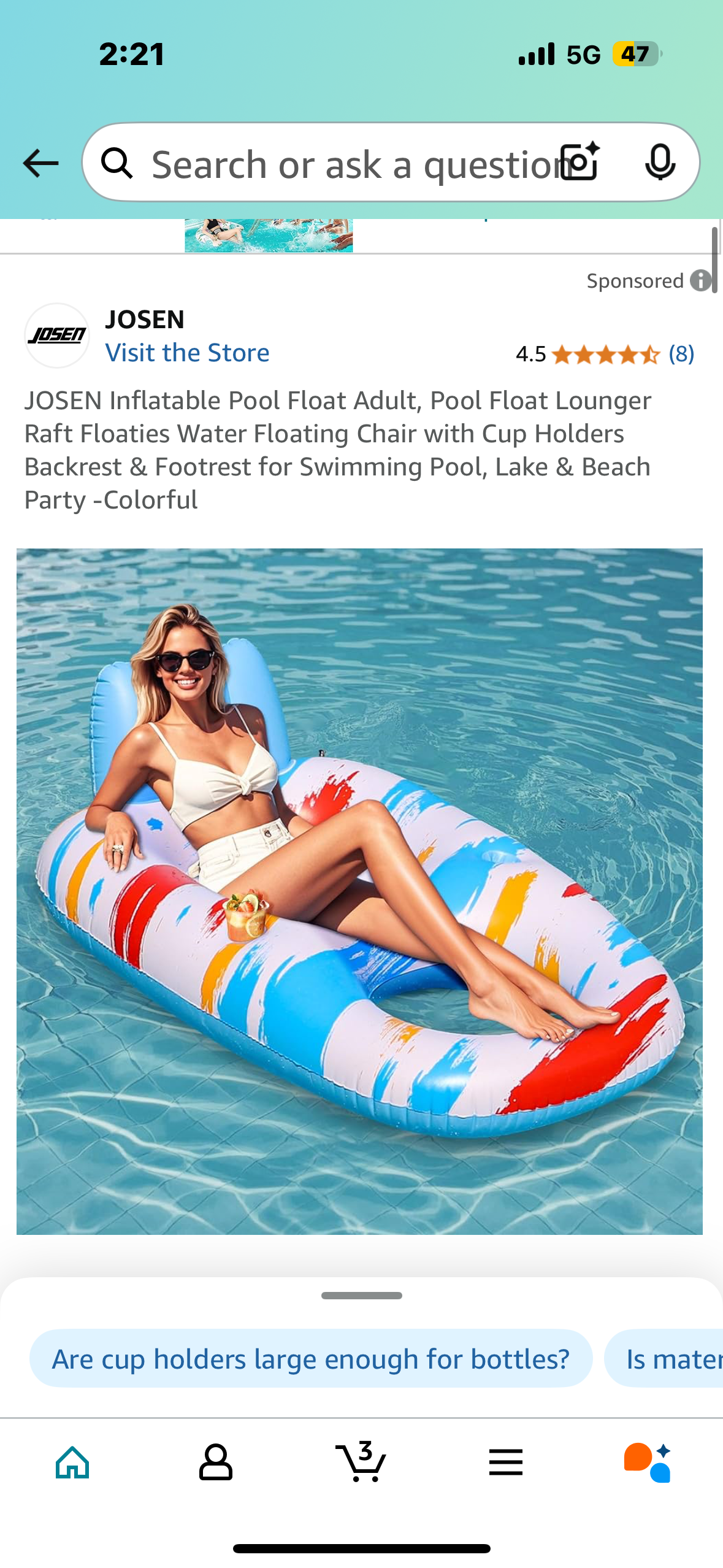 JOSEN Inflatable Pool Float Adult, Pool Float Lounger Raft Floaties Water Floating Chair with Cup Holders Backrest & Footrest for Swimming Pool, Lake & Beach Party -Colorful