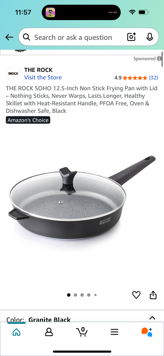 THE ROCK SOHO 12.5-Inch Non Stick Frying Pan with Lid – Nothing Sticks, Never Warps, Lasts Longer, Healthy Skillet with Heat-Resistant Handle, PFOA Free, Oven & Dishwasher Safe, Black
