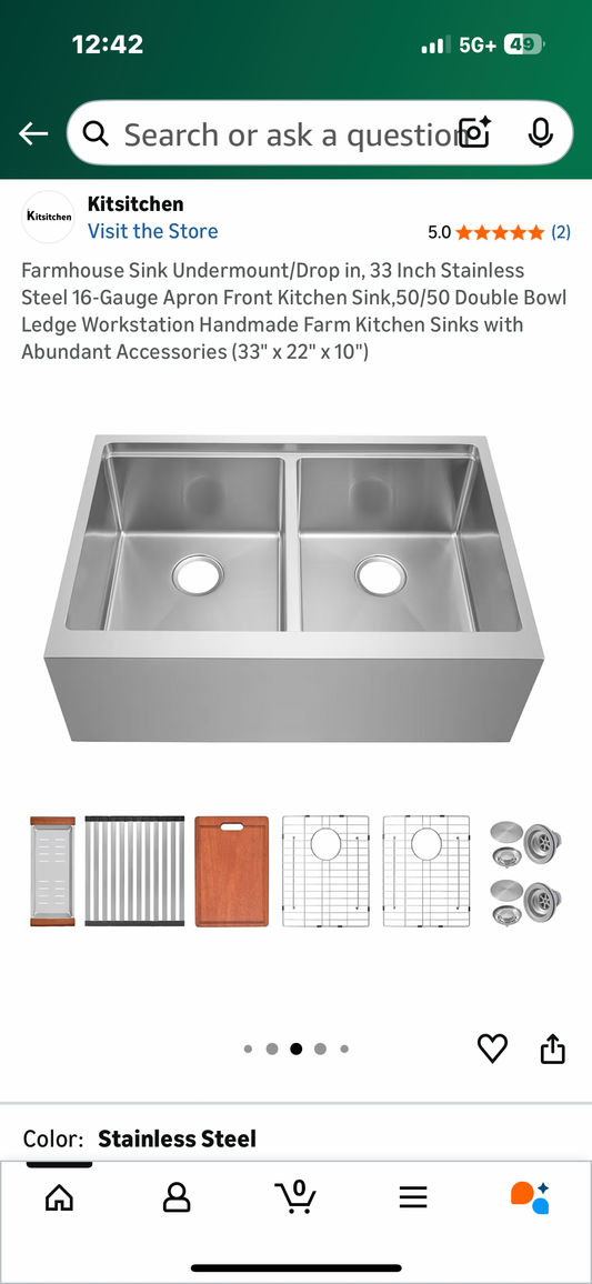 Farmhouse Sink, Undermount/Drop in,    33” Stainless Steel 16-Gauge Kitchen Sink, 50/50 Double Bowl Ledge Workstation, Handmade Farm Kitchen Sink with Accessories (33" x 22" x 10") (R749)
