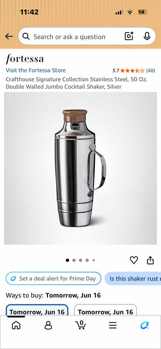 Crafthouse Signature Collection Stainless Steel, 50 Oz. Double Walled Jumbo Cocktail Shaker, Silver