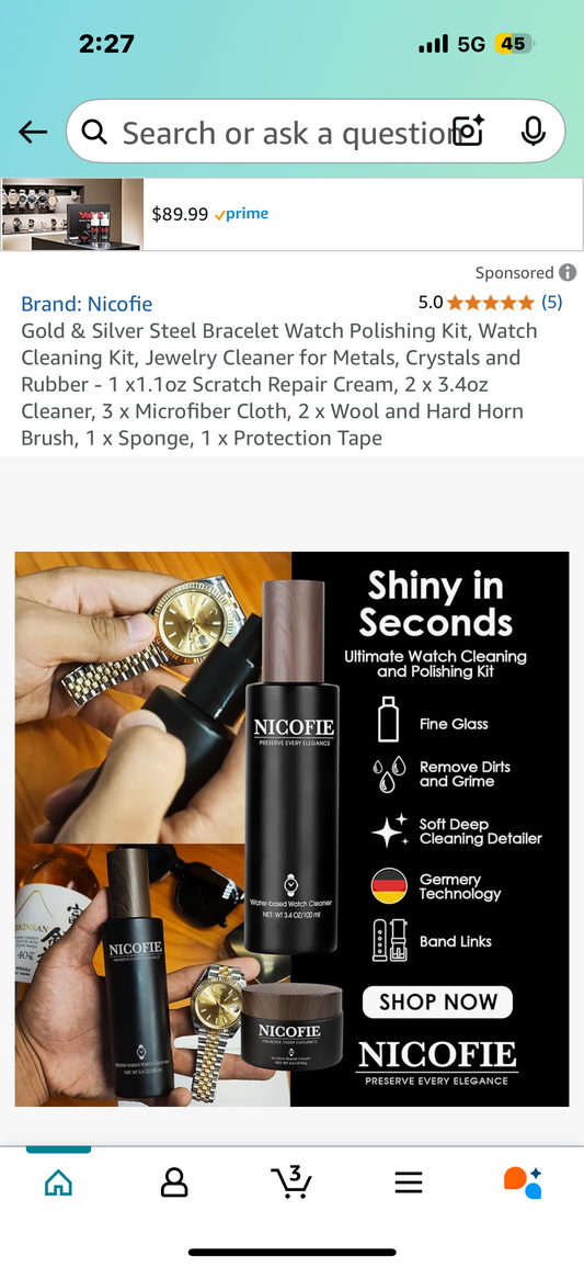 Gold & Silver Steel Bracelet Watch Polishing Kit, Watch Cleaning Kit, Jewelry Cleaner for Metals, Crystals and Rubber - 1 x1.1oz Scratch Repair Cream, 2 x 3.4oz Cleaner, 3 x Microfiber Cloth, 2 x Wool and Hard Horn Brush, 1 x Sponge, 1 x Protection Tape
