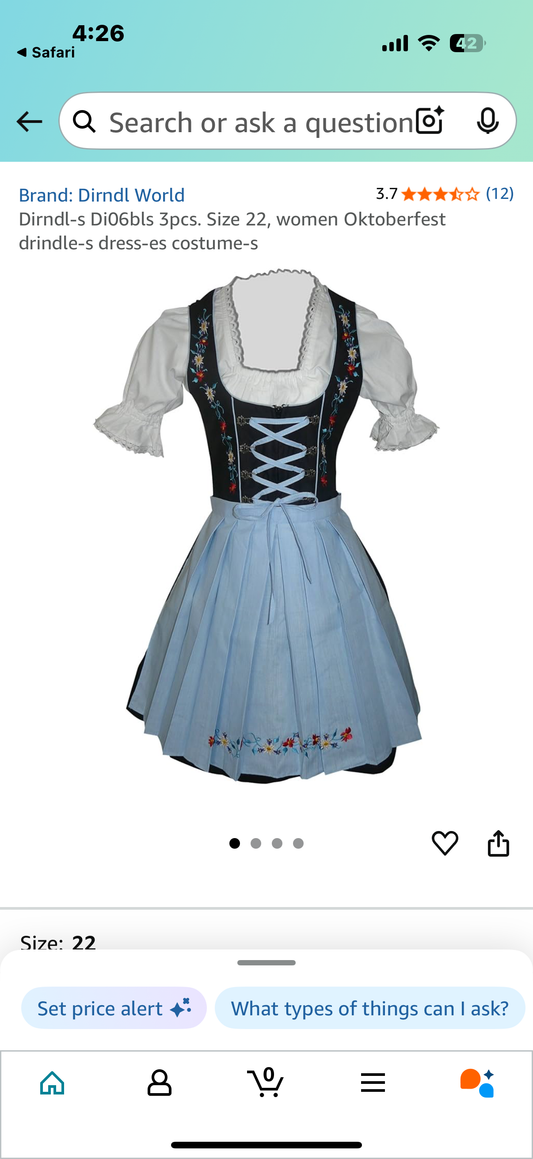 Dirndl Dress 3pcs. (Size 12) women Oktoberfest drindle Dress
