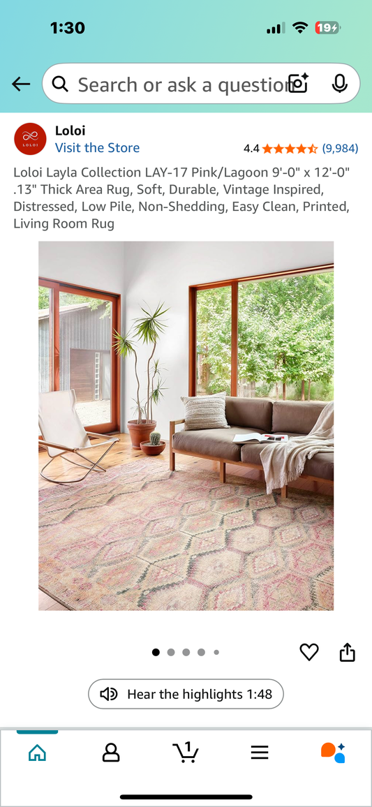 Loloi Layla Collection LAY-17 Pink/Lagoon 9'-0" x 12'-0" .13" Thick Area Rug, Soft, Durable, Vintage Inspired, Distressed, Low Pile, Non-Shedding, Easy Clean, Printed, Living Room Rug (L984)
