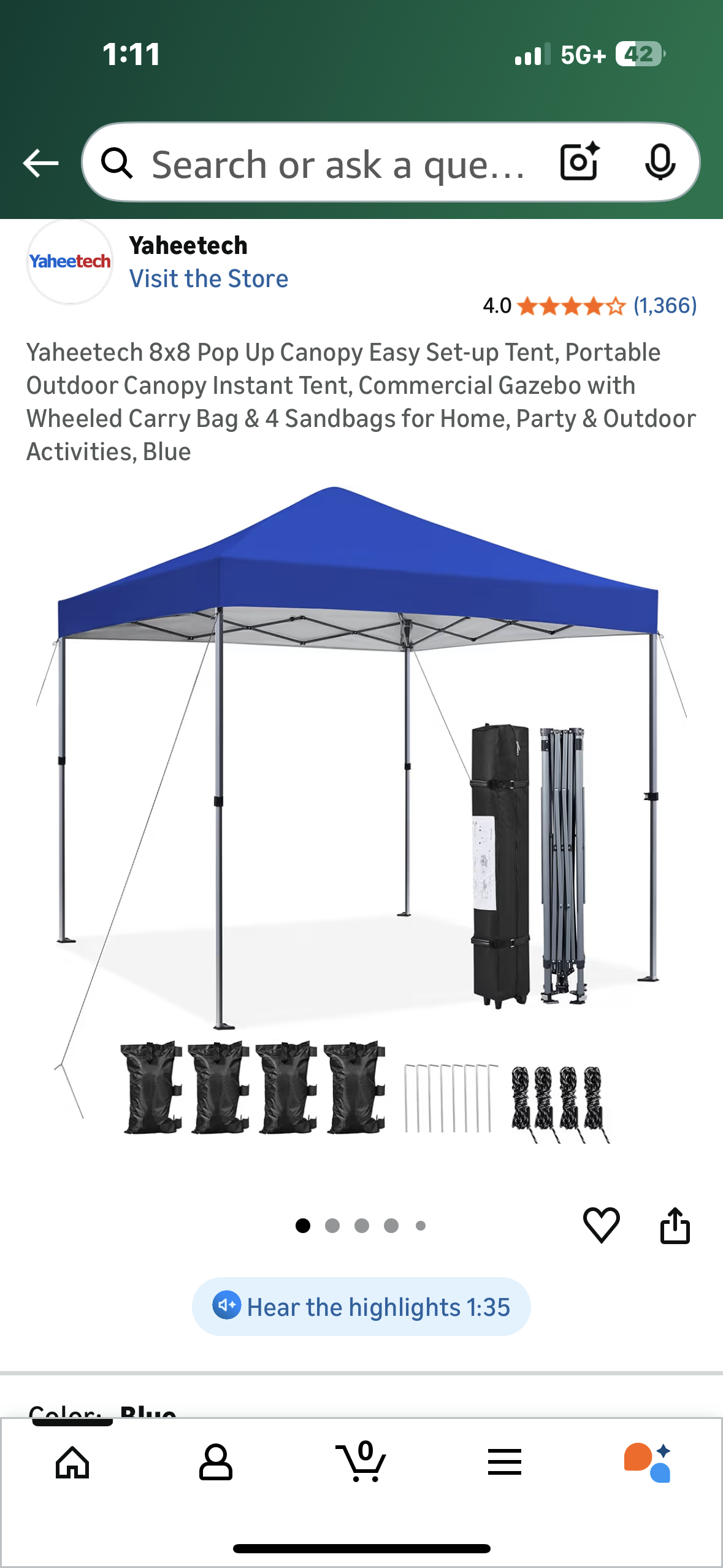 Yaheetech 8x8 Pop Up Canopy Easy Set-up Tent, Portable Outdoor Canopy Instant Tent, Commercial Gazebo with Wheeled Carry Bag & 4 Sandbags for Home, Party & Outdoor Activities, Blue (G920)