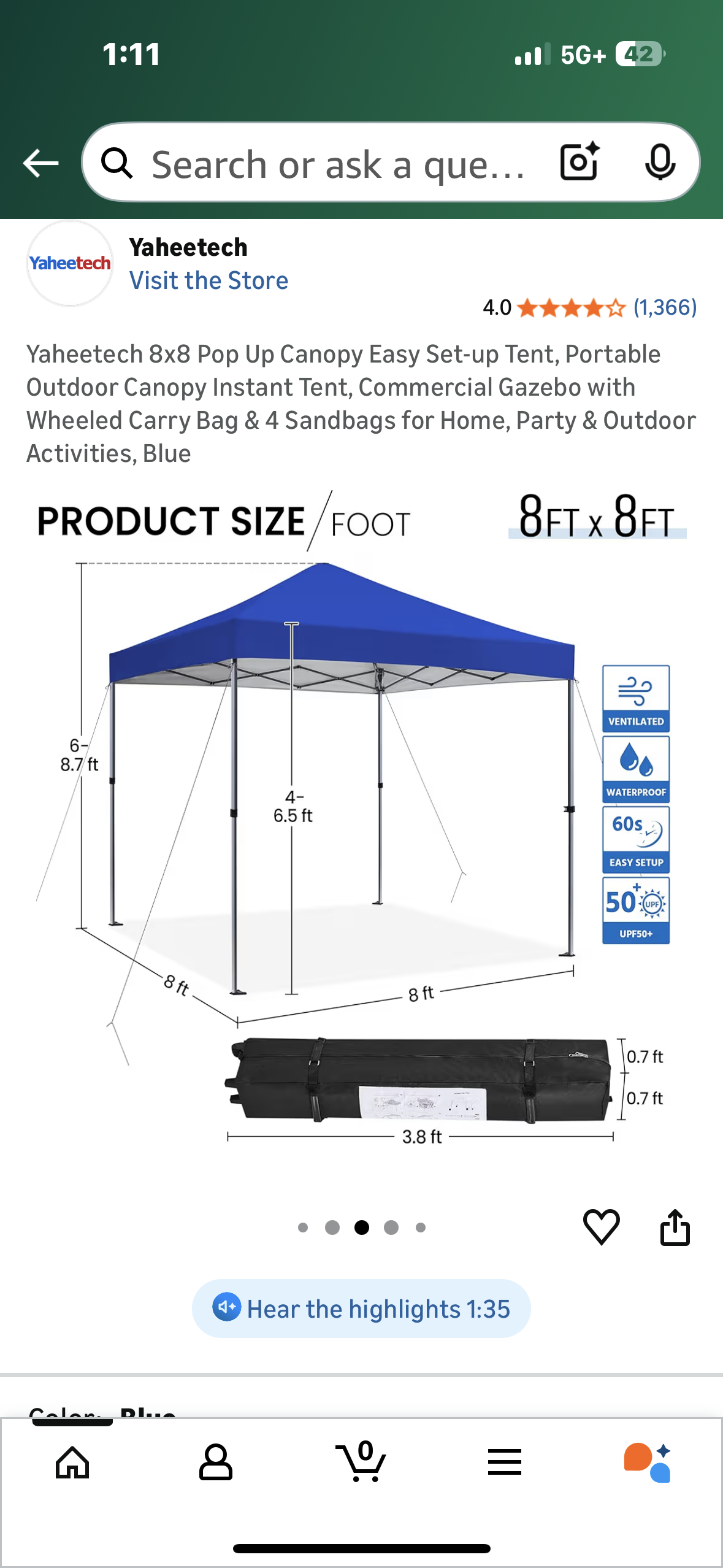 Yaheetech 8x8 Pop Up Canopy Easy Set-up Tent, Portable Outdoor Canopy Instant Tent, Commercial Gazebo with Wheeled Carry Bag & 4 Sandbags for Home, Party & Outdoor Activities, Blue (G920)