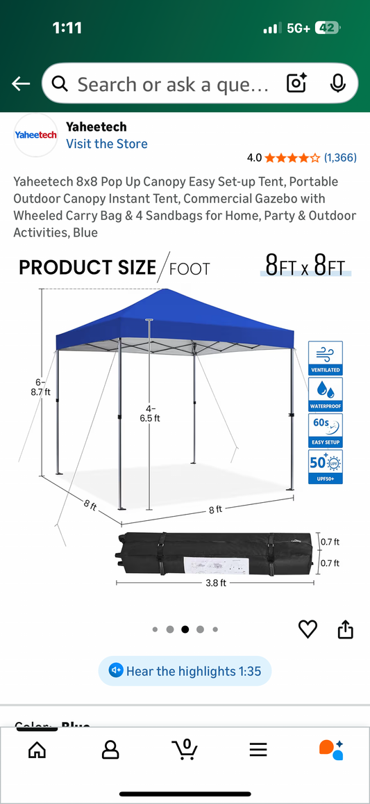 Yaheetech 8x8 Pop Up Canopy Easy Set-up Tent, Portable Outdoor Canopy Instant Tent, Commercial Gazebo with Wheeled Carry Bag & 4 Sandbags for Home, Party & Outdoor Activities, Blue (G920)