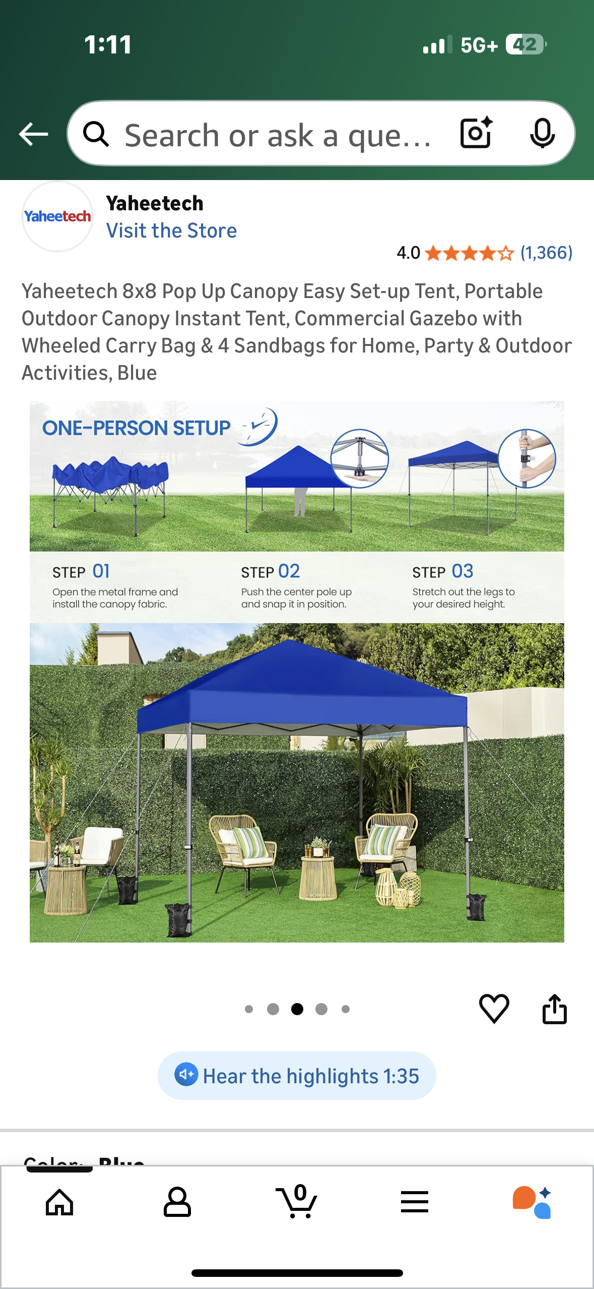Yaheetech 8x8 Pop Up Canopy Easy Set-up Tent, Portable Outdoor Canopy Instant Tent, Commercial Gazebo with Wheeled Carry Bag & 4 Sandbags for Home, Party & Outdoor Activities, Blue (G920)